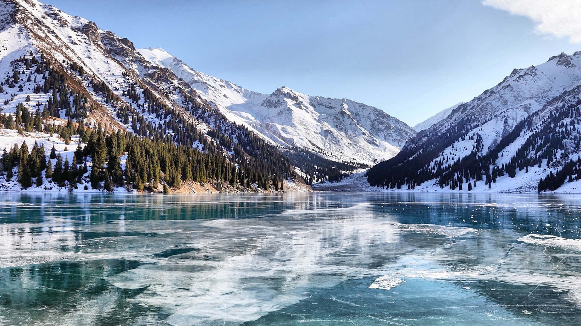 frozen turquoise lake, snowcapped mountains, clear blue sky, Full HD Desktop Wallpaper