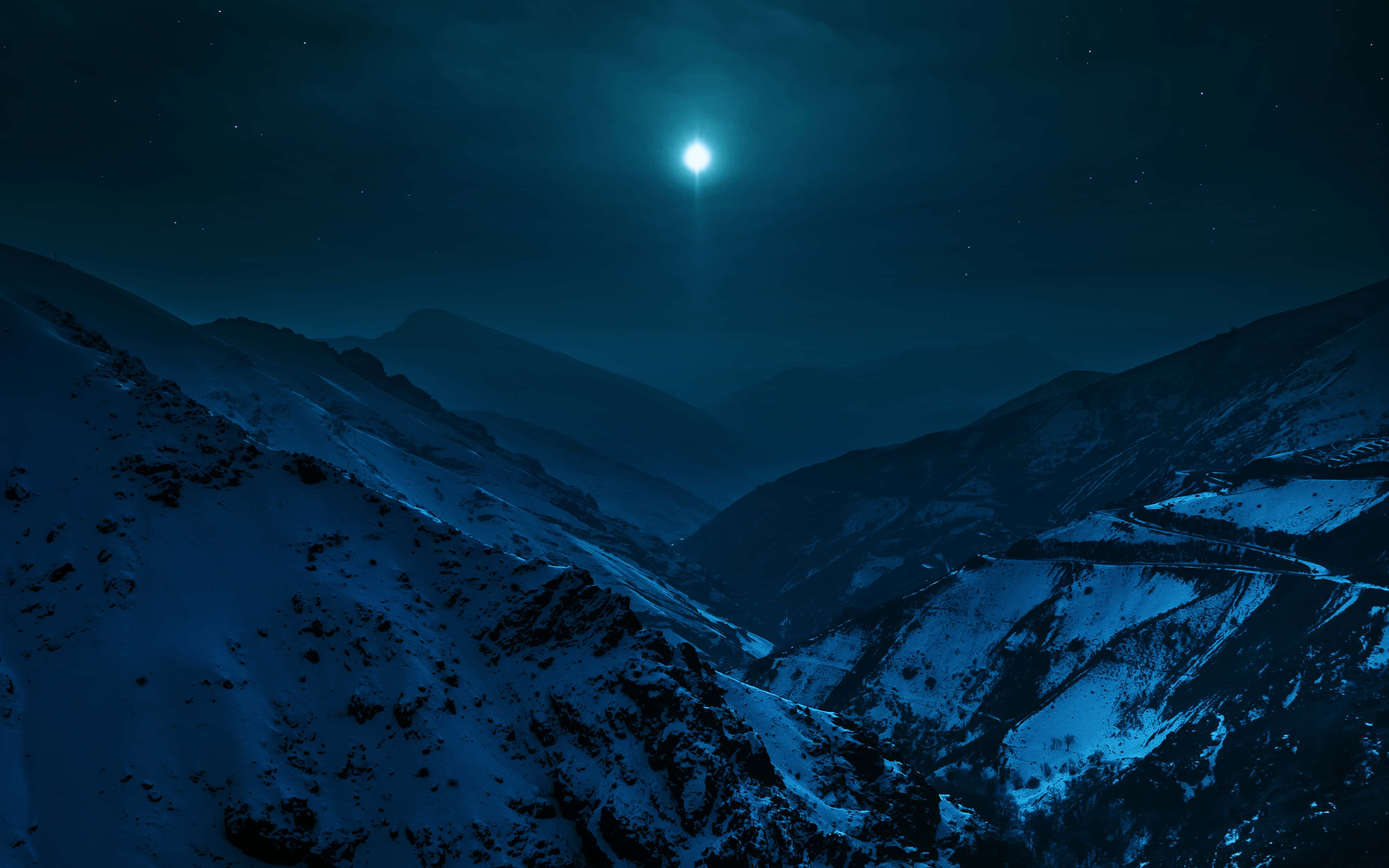 Majestic Mountain Scene, snow-covered mountain valley, ethereal glow, 4K Desktop Wallpaper
