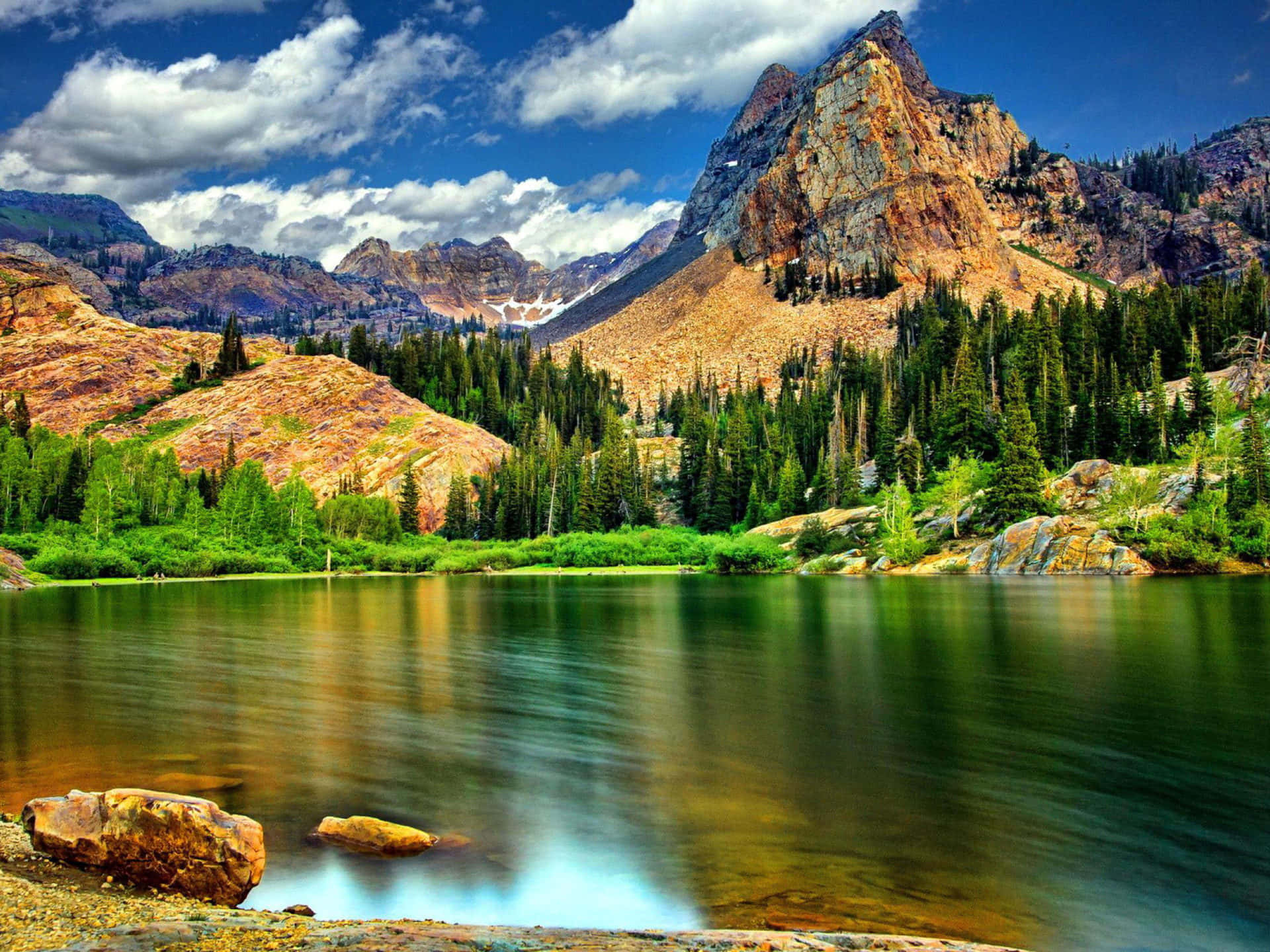 alpine lake, rocky peaks, lush pine forests, Full HD Desktop Wallpaper