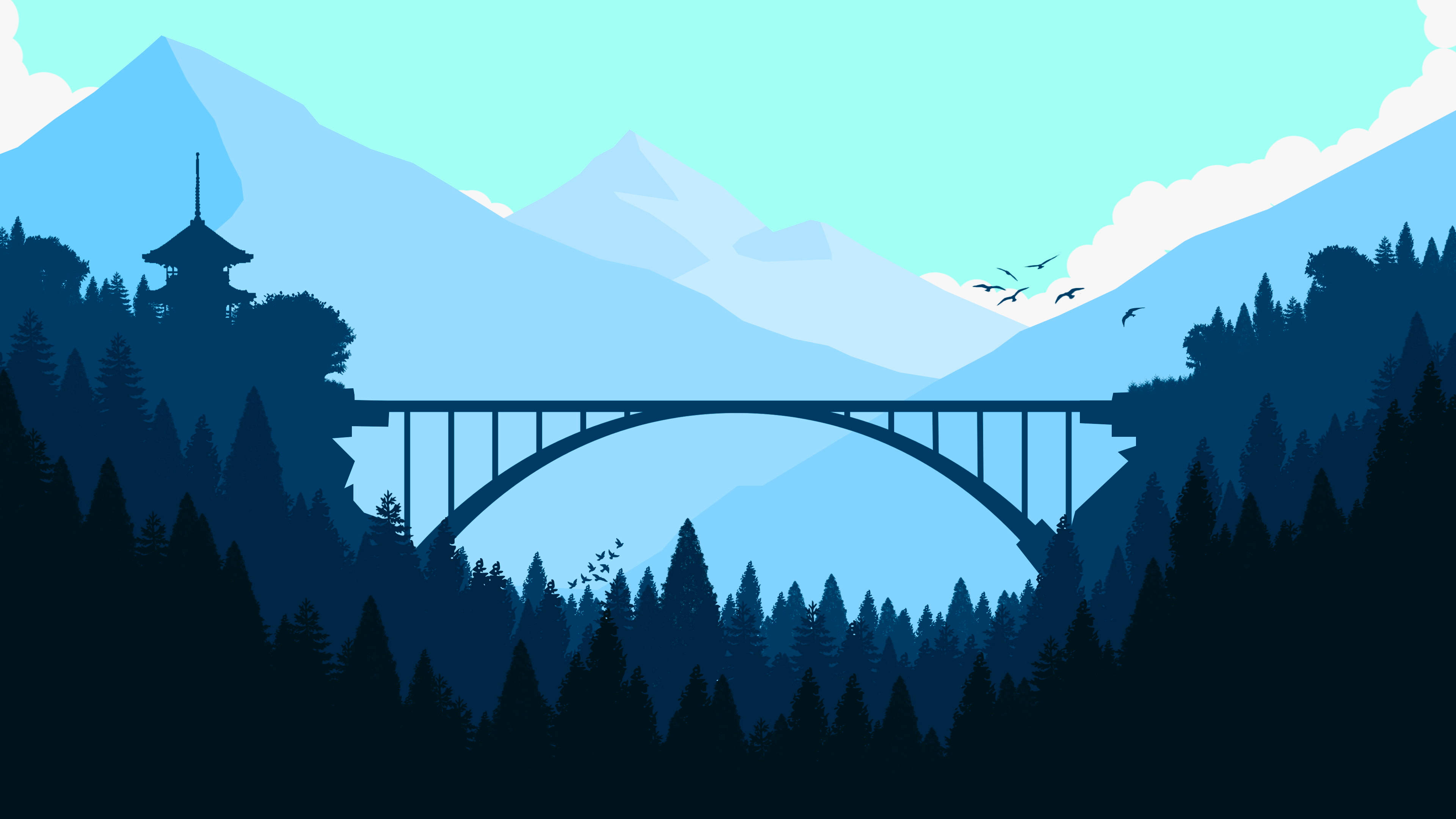 blue-toned, bridge, valley, 4K Desktop Wallpaper