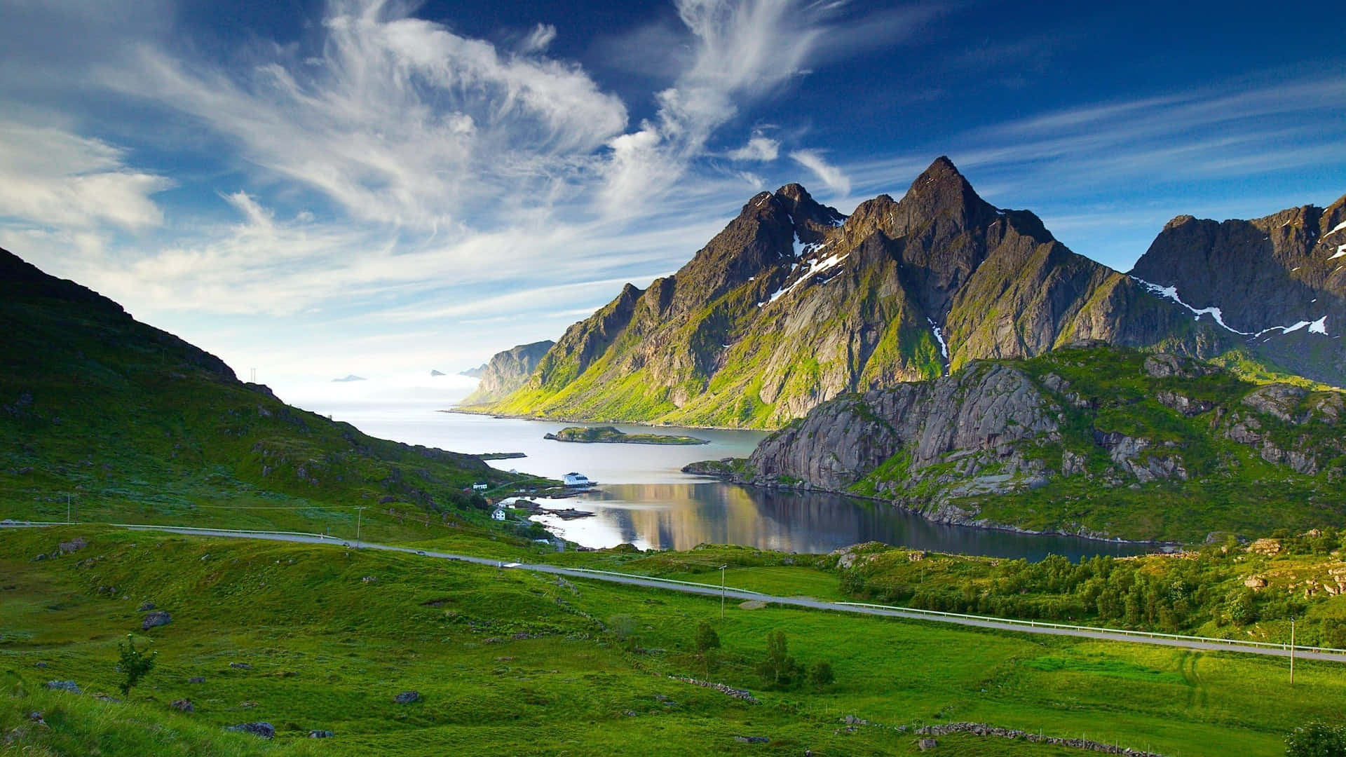 vibrant green hills, serene fjord, jagged snow-dusted mountains, Full HD Desktop Wallpaper