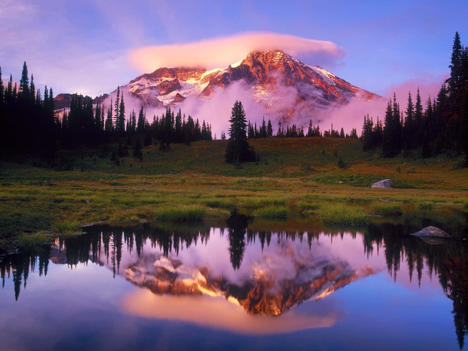 sunrise, mountain peaks, pink clouds, HD Desktop Wallpaper