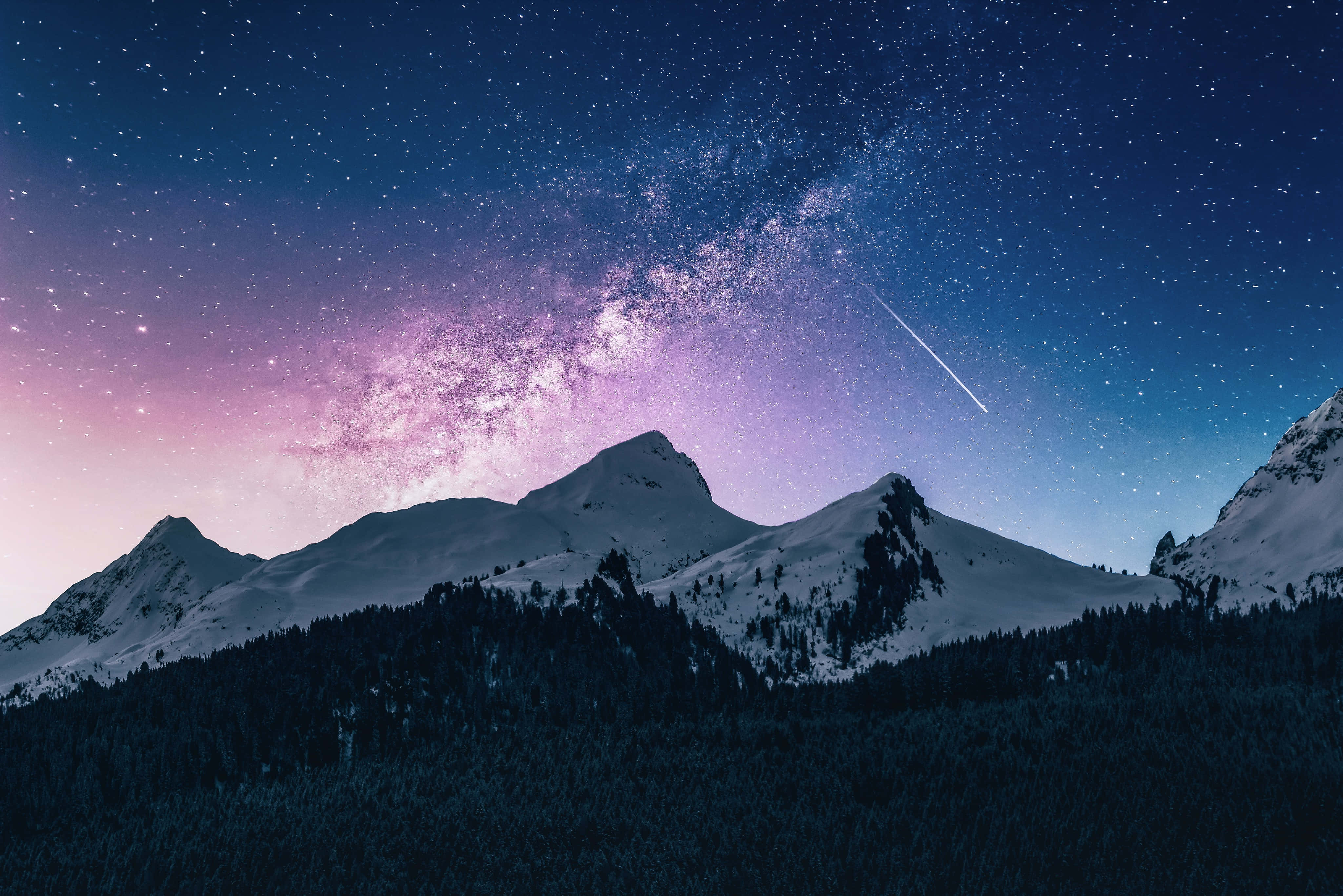 snow-capped mountains, vibrant starry sky, glowing Milky Way, 4K Desktop Wallpaper