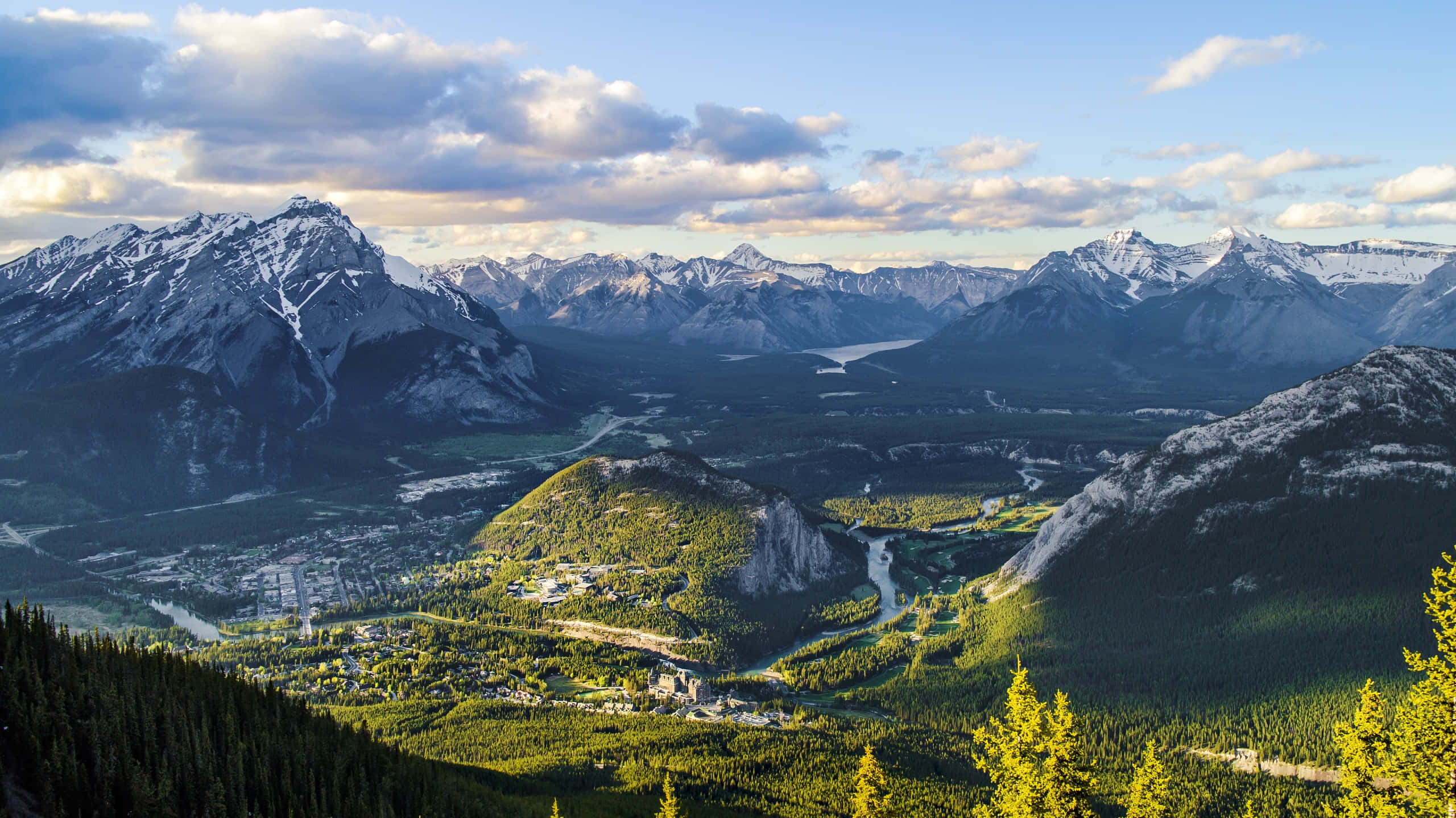 snow-capped mountains, lush green valley, winding river, 2K Desktop Wallpaper