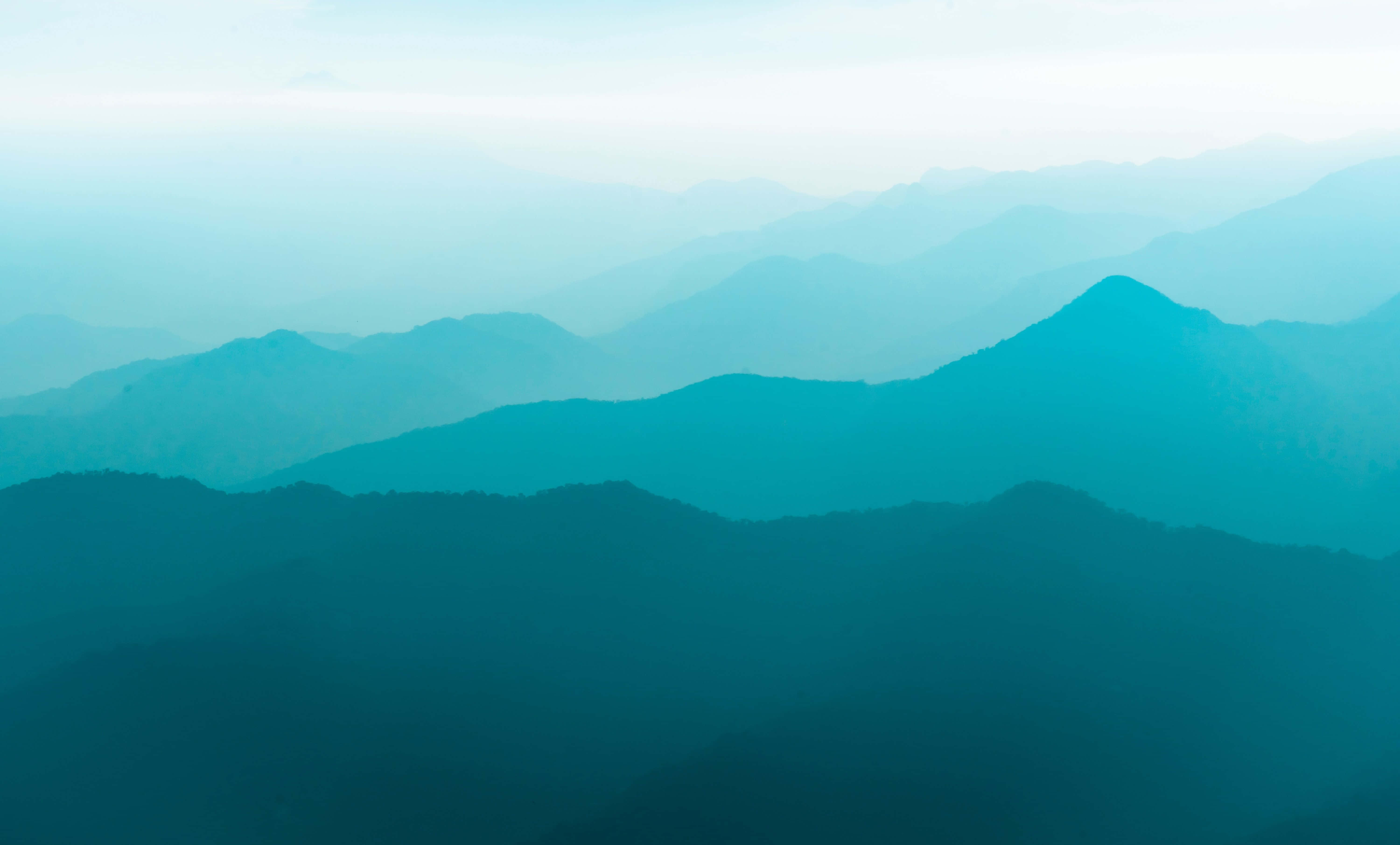 teal, mountain ranges, misty, 5K Desktop Wallpaper