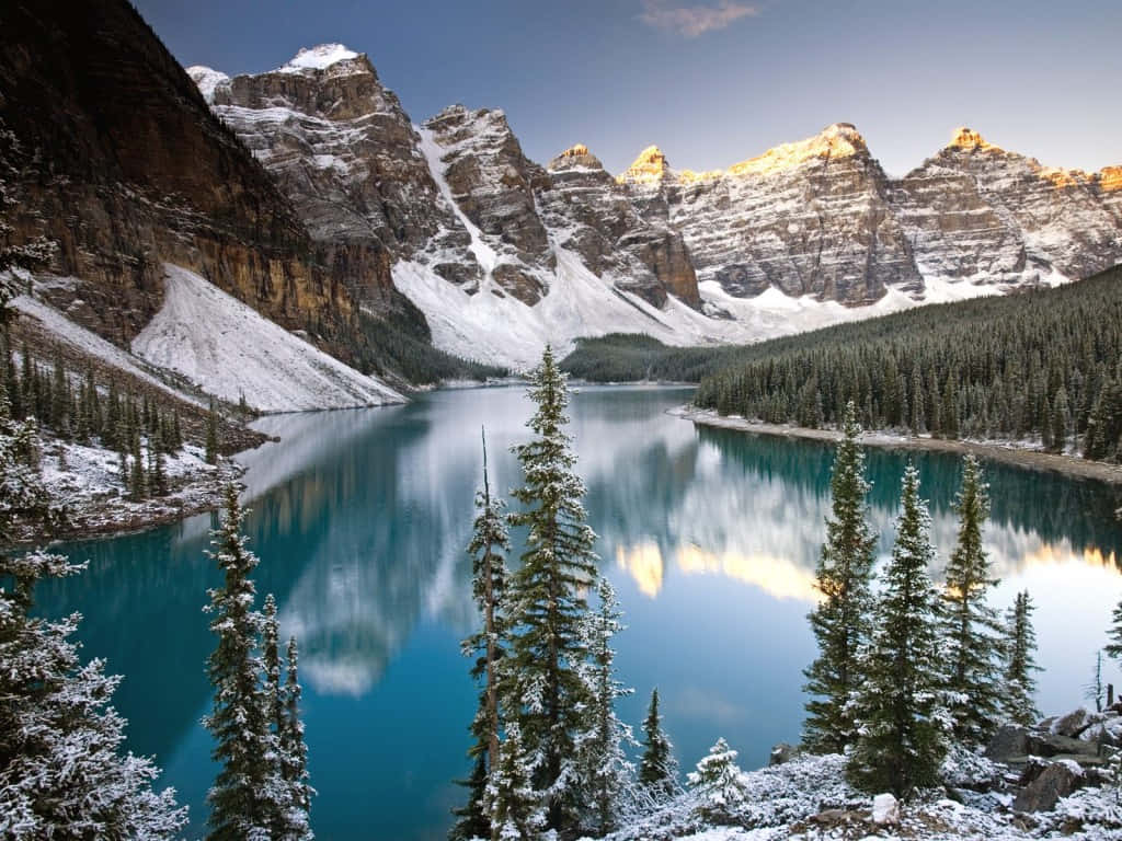 Mountain Range, Turquoise Lake, Evergreen Trees, SD Desktop Wallpaper