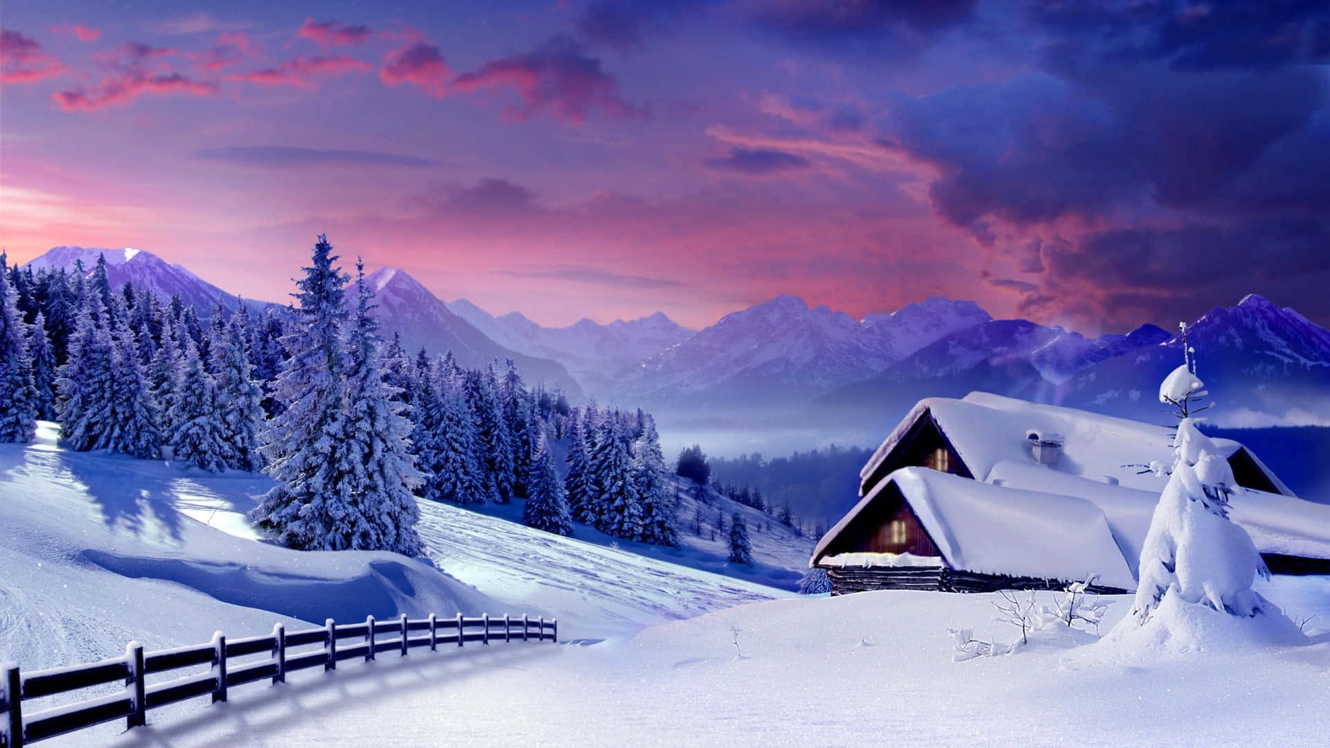 snow-covered cabin, winter forest, vibrant pink and purple twilight sky, Full HD Desktop Wallpaper