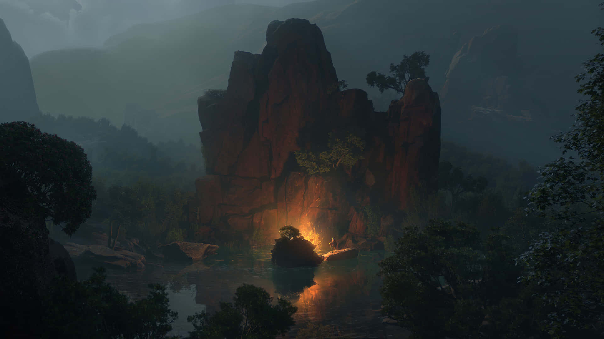 campfire, towering cliff, misty river, Full HD Desktop Wallpaper
