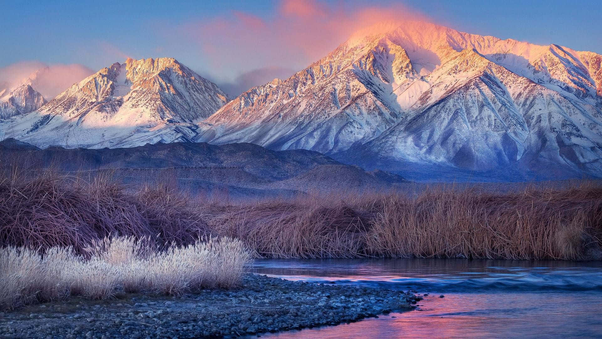 snowcapped mountains, sunrise, pink and gold, Full HD Desktop Wallpaper
