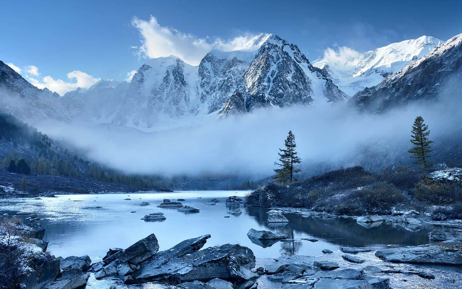 snowcapped mountains, misty valley, calm lake, Full HD Desktop Wallpaper