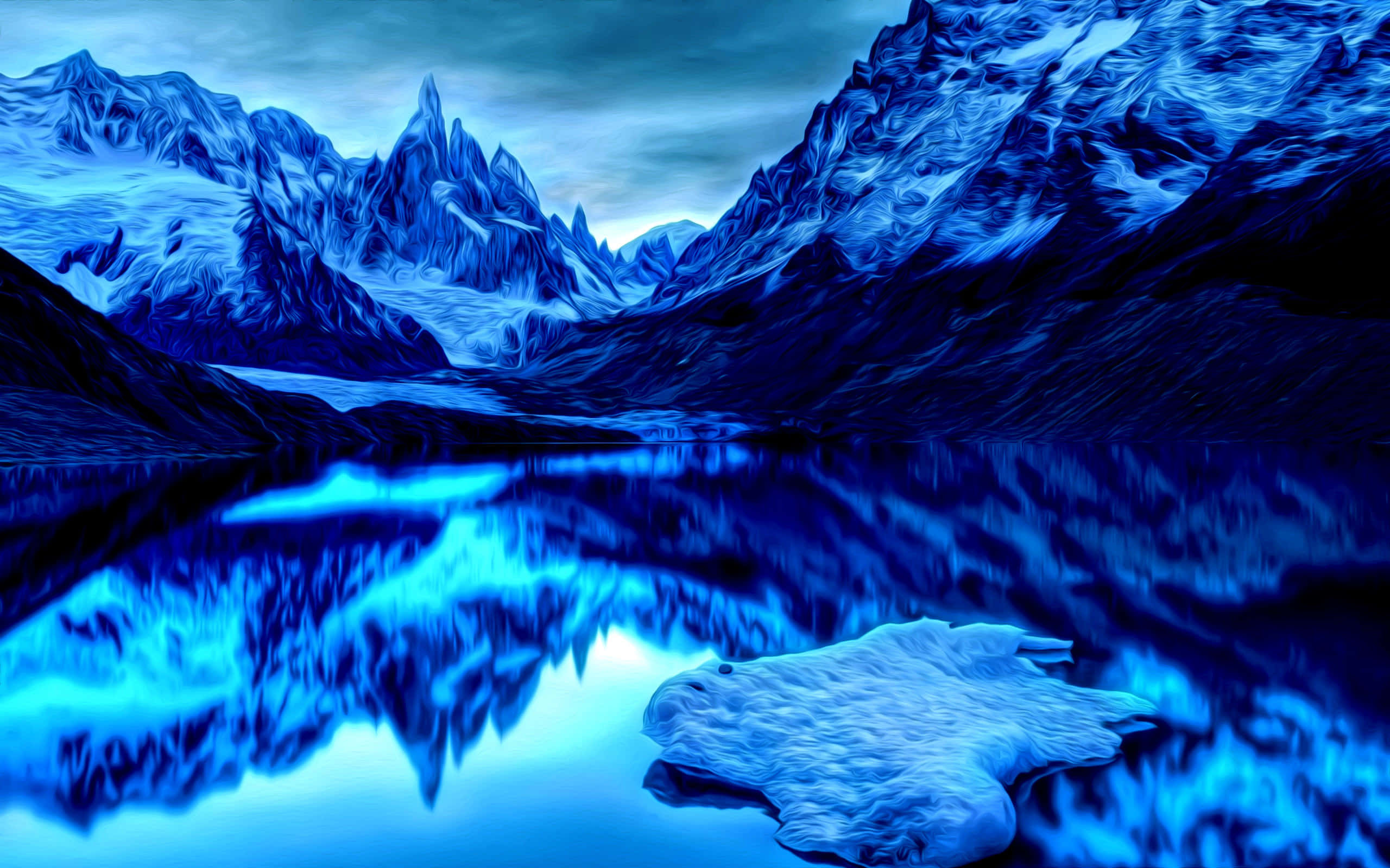 blue mountain lake, jagged peaks, moody twilight sky, 2K Desktop Wallpaper