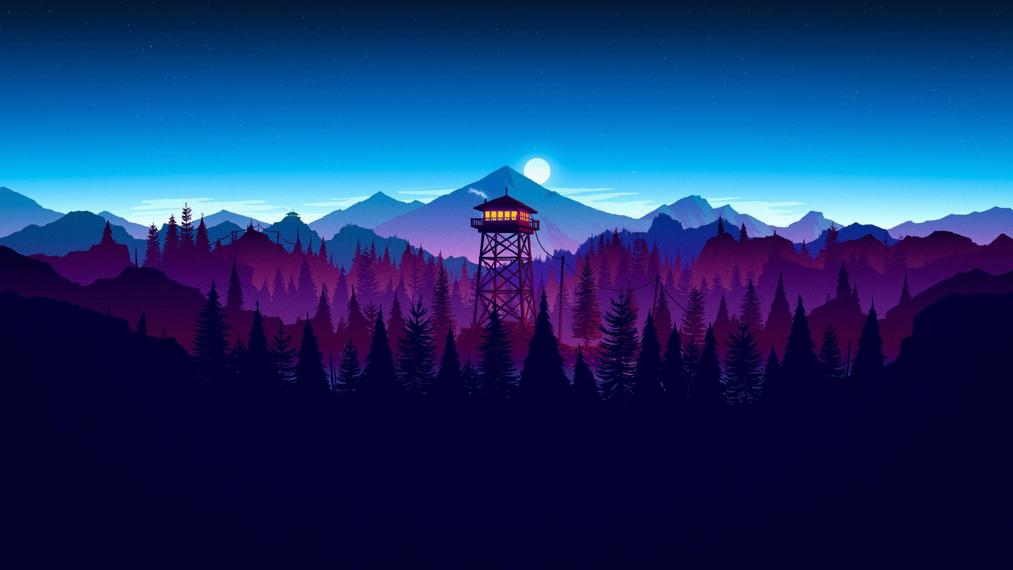 fire lookout tower, starry night sky, full moon, 4K Desktop Wallpaper