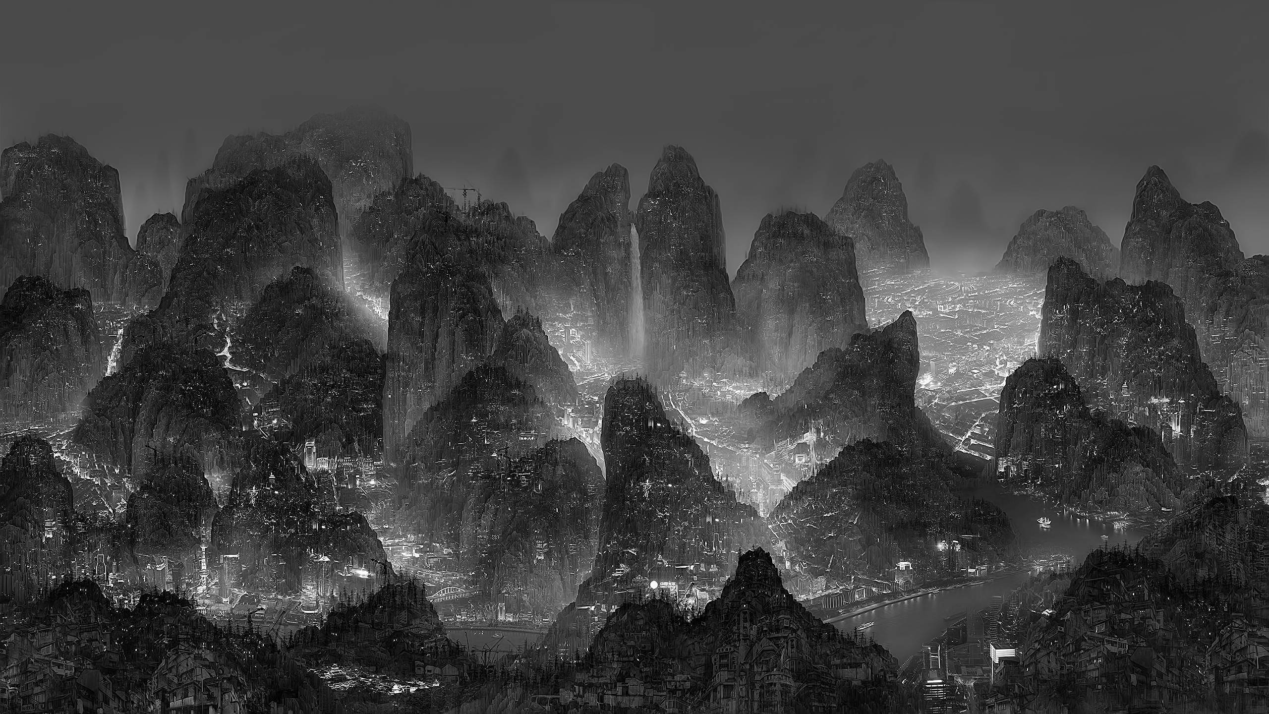 greyscale mountains artwork, monochrome fantasy city, jagged mountain peaks, 2K Desktop Wallpaper