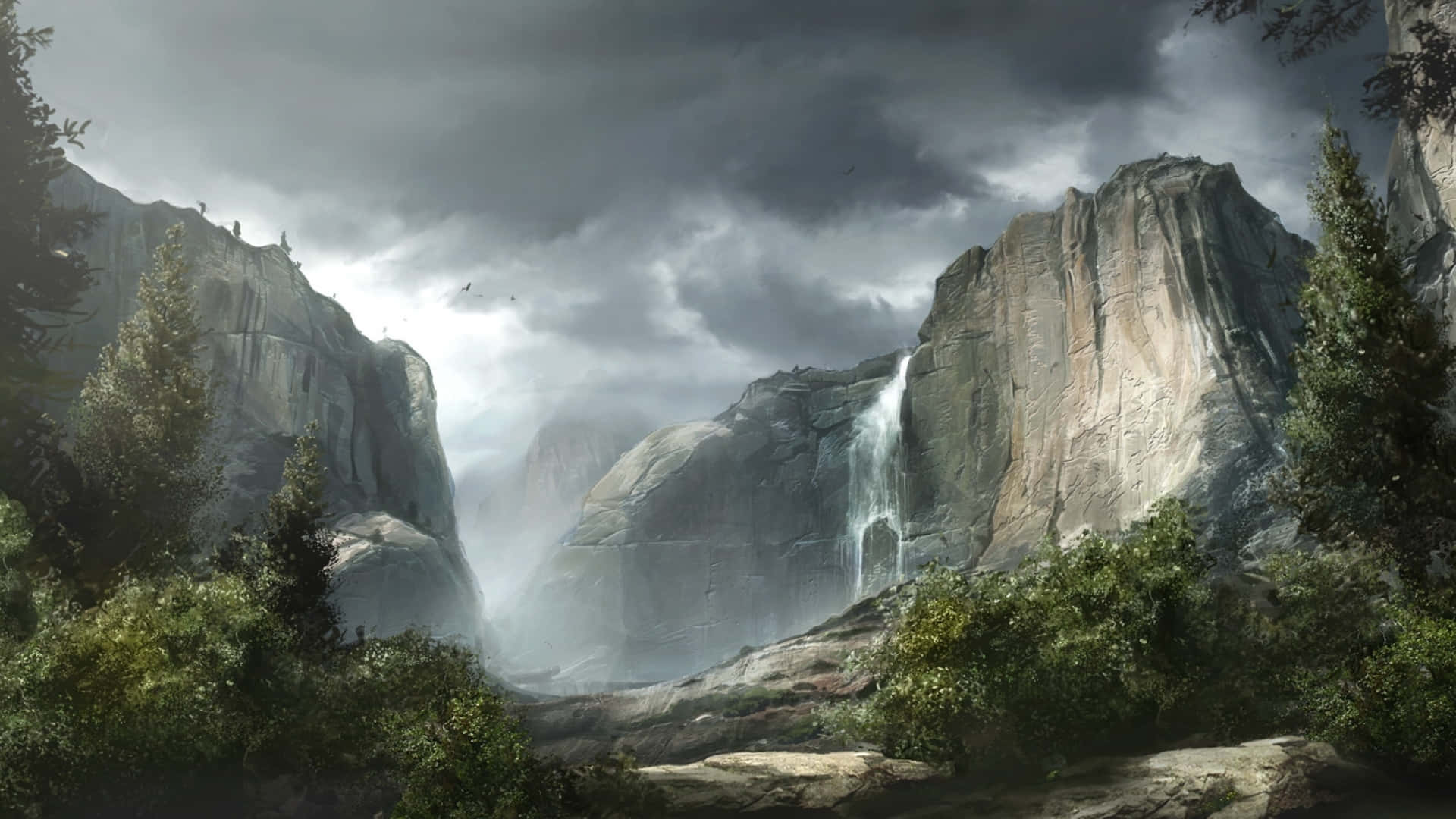 rocky mountain landscape, digital painting, towering granite cliffs, Full HD Desktop Wallpaper