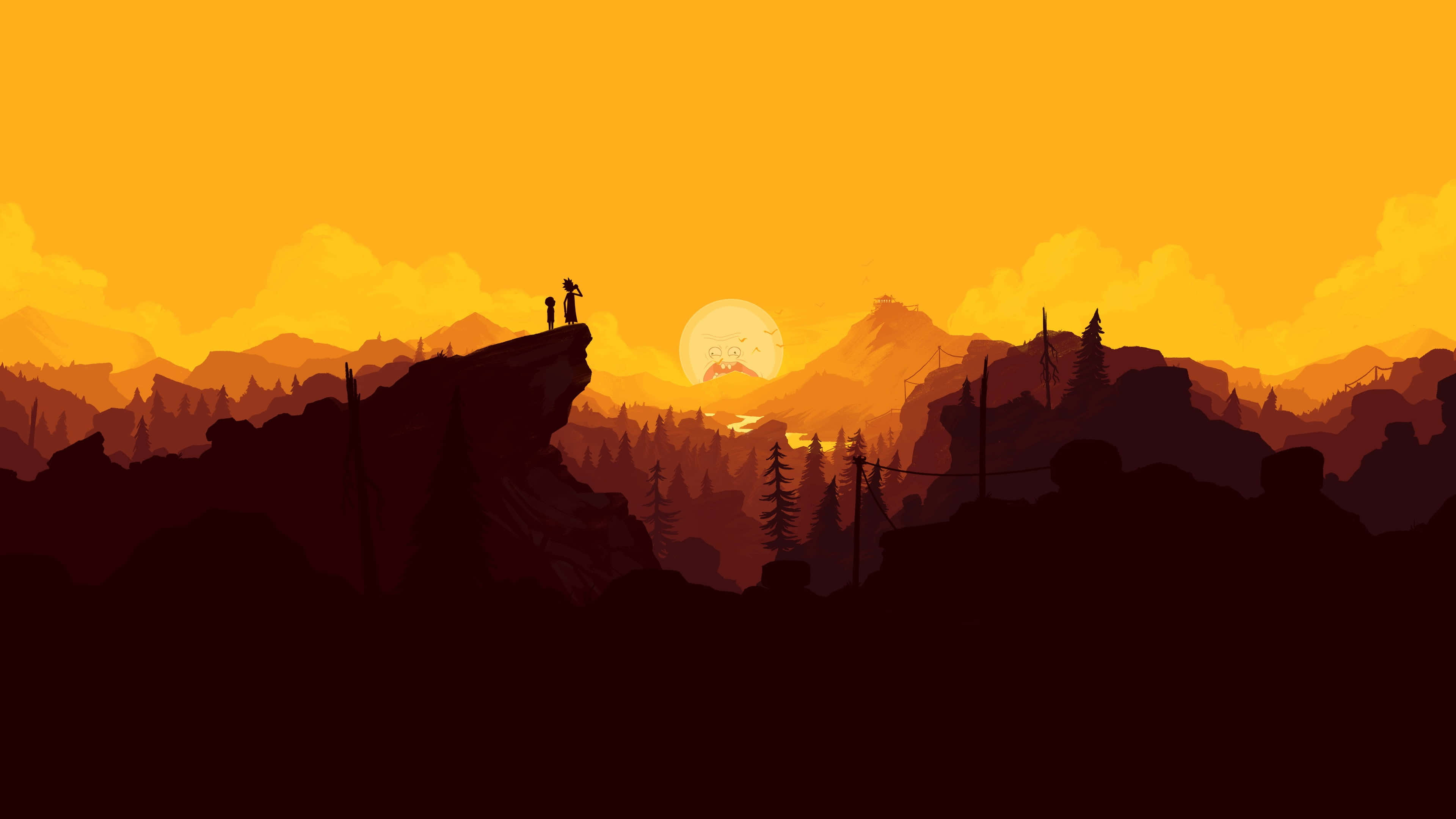 Mountain Sunset, cliff, glowing sun, 4K Desktop Wallpaper