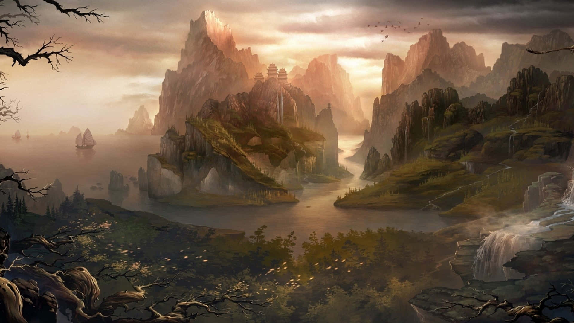 Mountain Sunset, misty river, ancient trees, Full HD Desktop Wallpaper