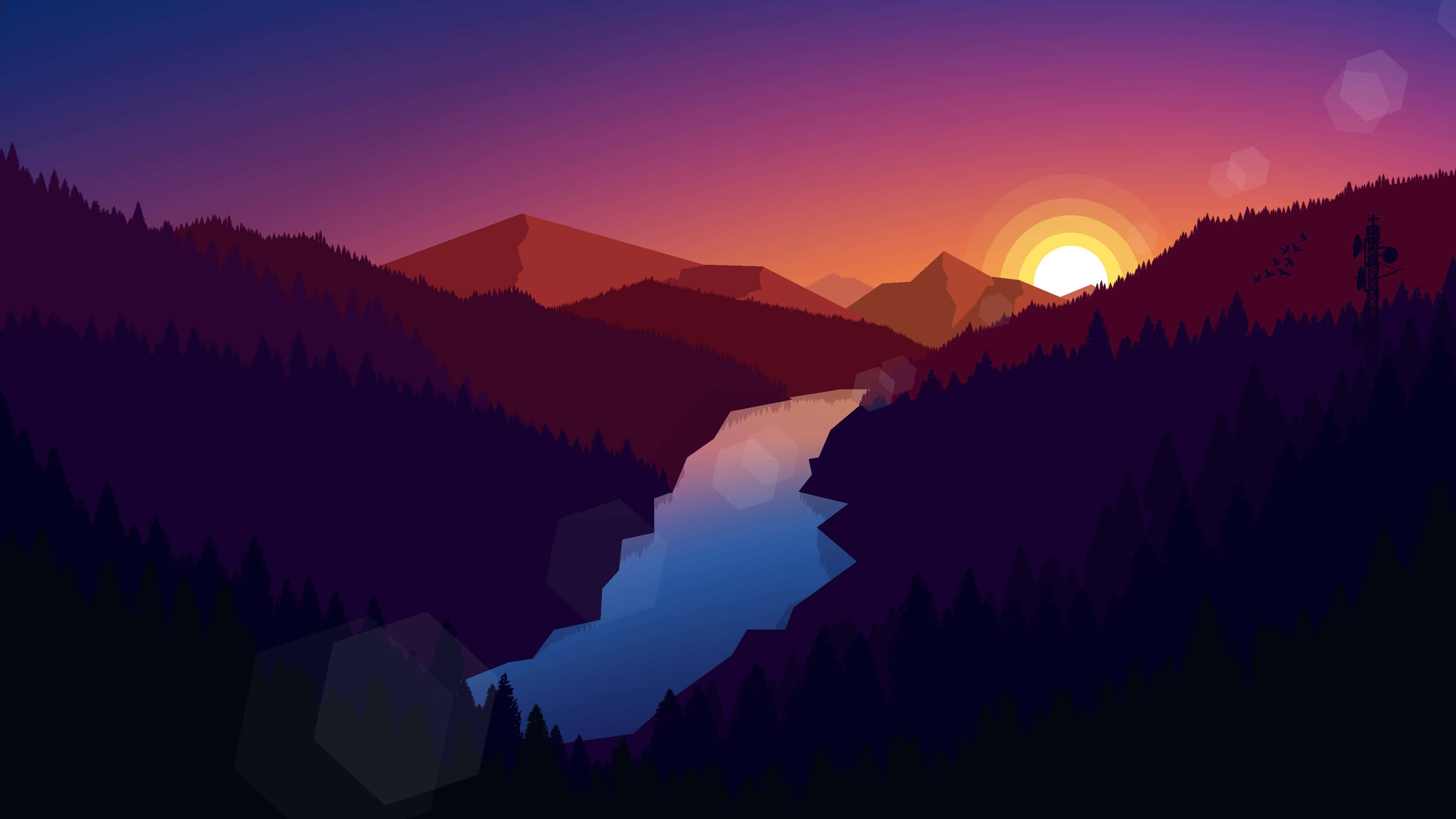 Mountain Sunset, purple orange sky, glowing river, 4K Desktop Wallpaper