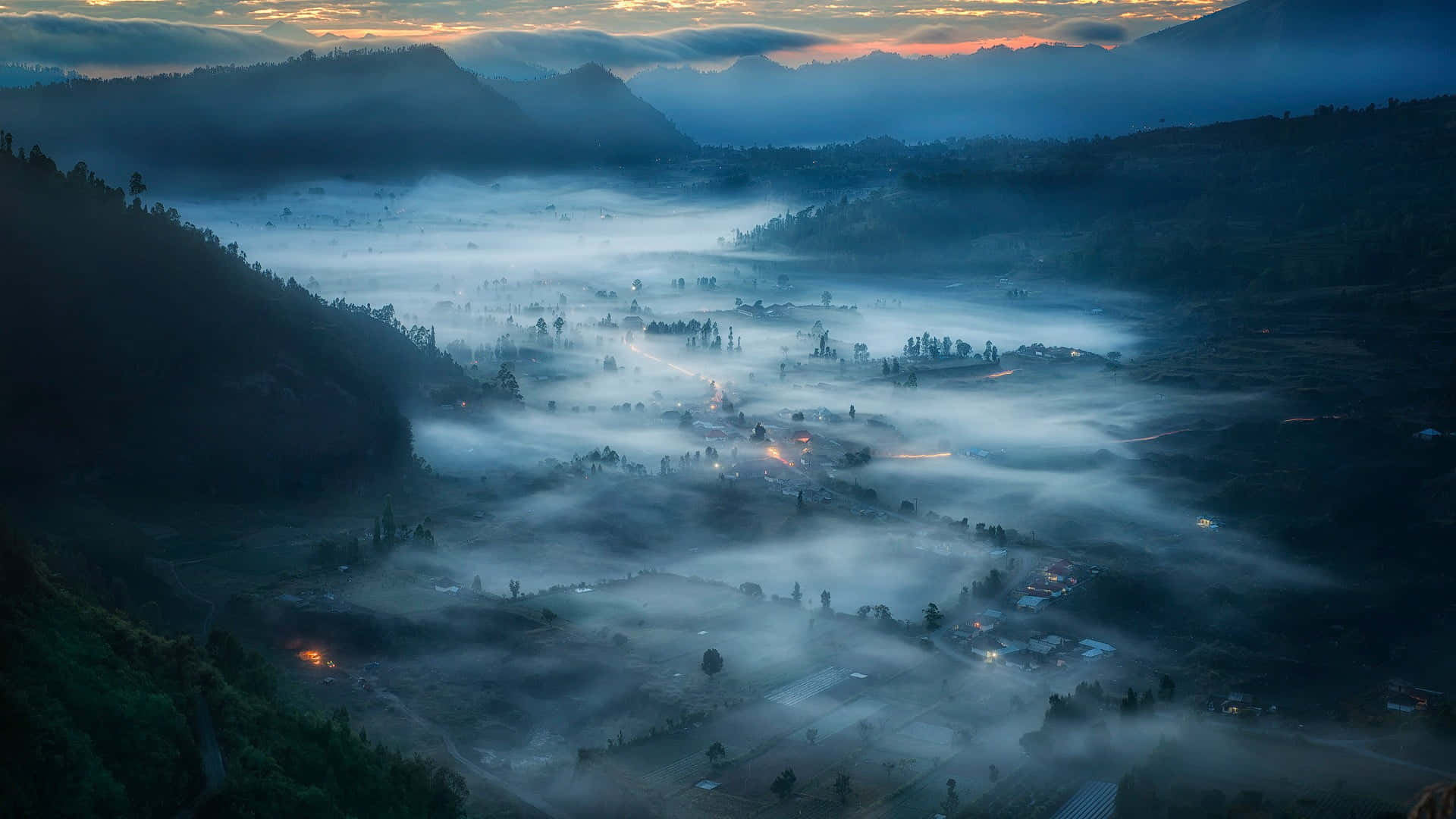 Mountain Sunset, misty mountain valley, village, Full HD Desktop Wallpaper