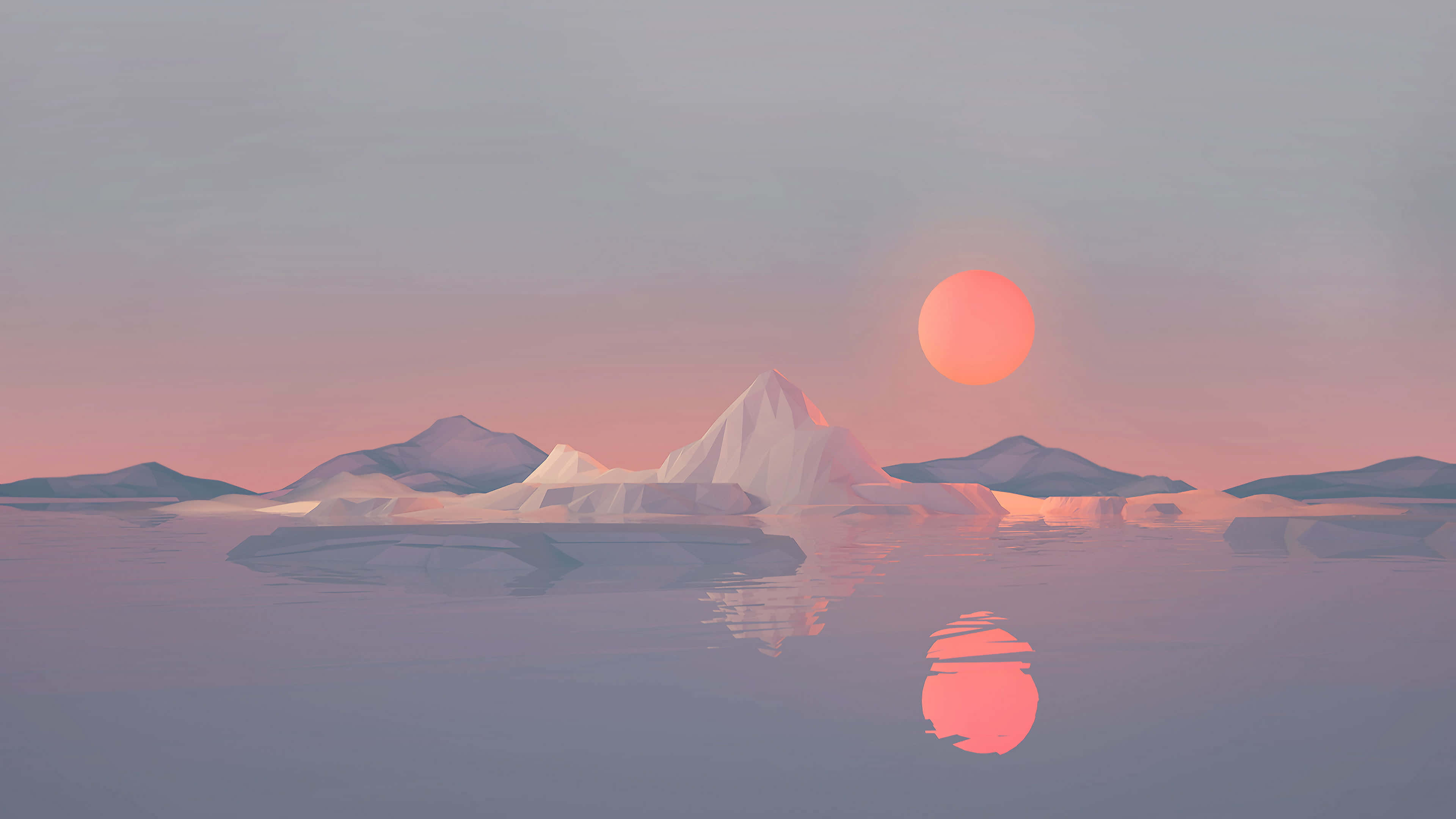 Mountain Sunset, pink sunset, icy mountains, 4K Desktop Wallpaper