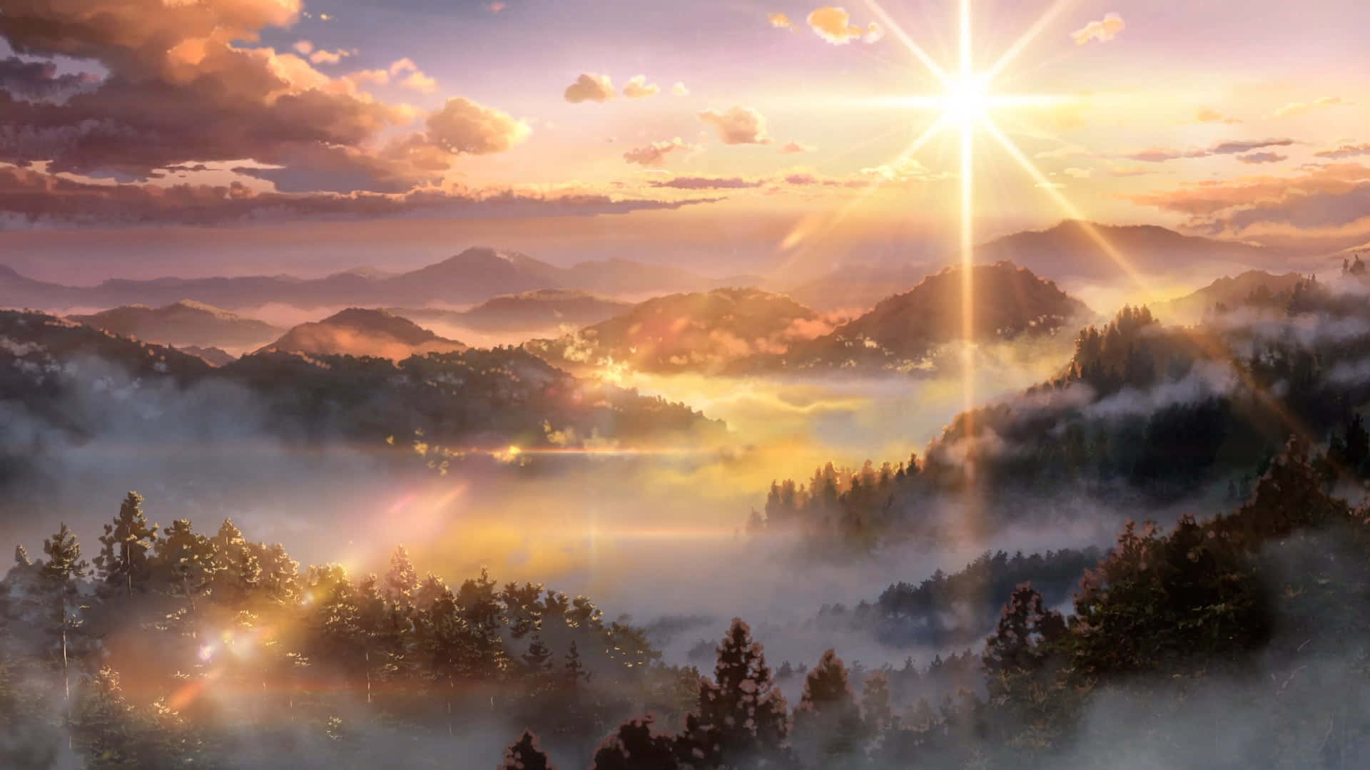 Mountain Sunset, Sunburst, misty mountain valleys, Full HD Desktop Wallpaper