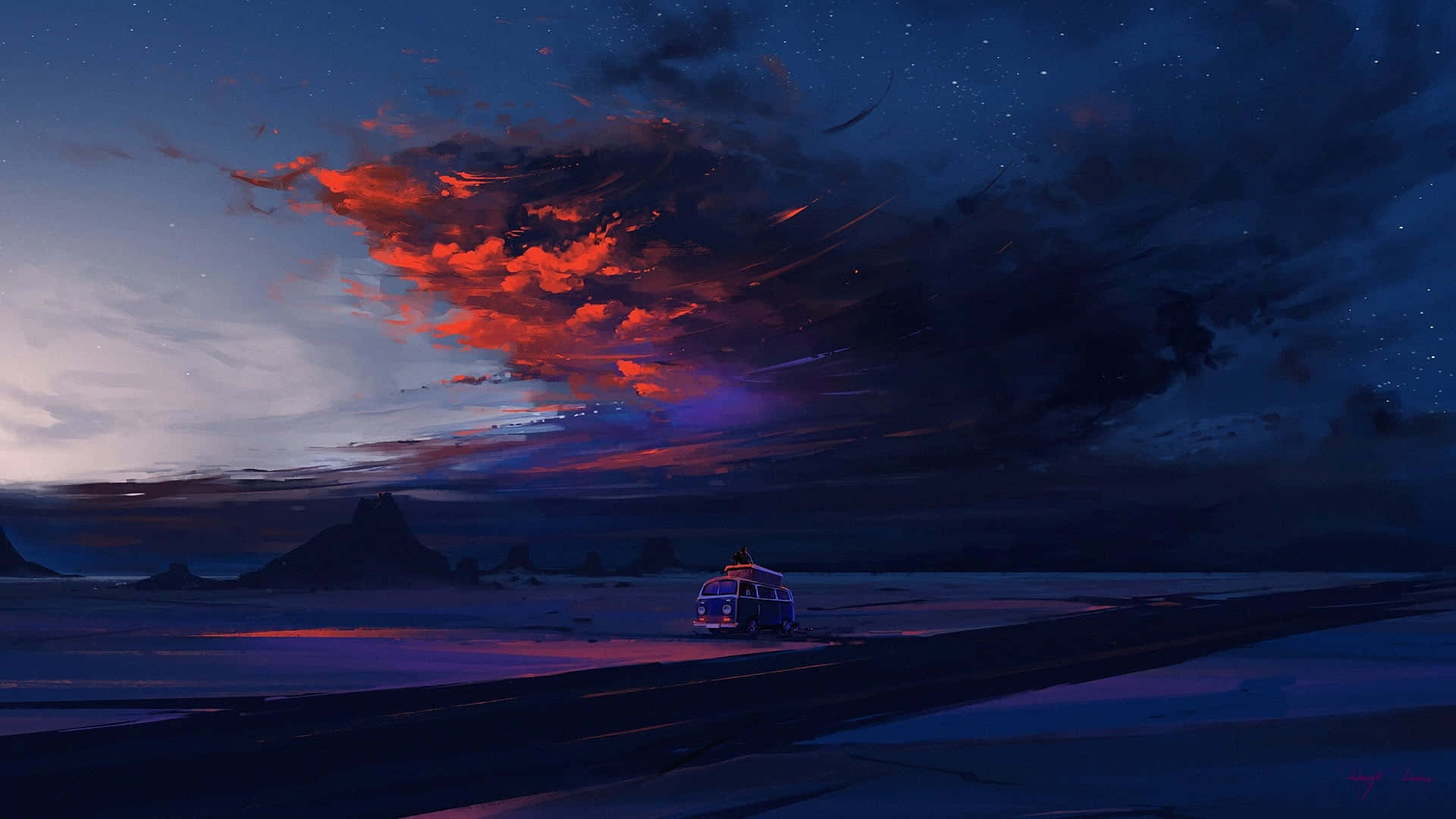 Mountain Sunset, camper van, desolate road, Full HD Desktop Wallpaper