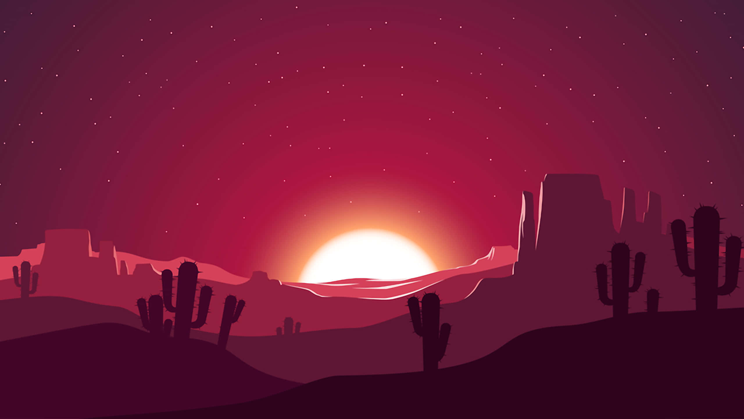 Mountain Sunset, desert sunset, silhouetted cacti, 2K Desktop Wallpaper