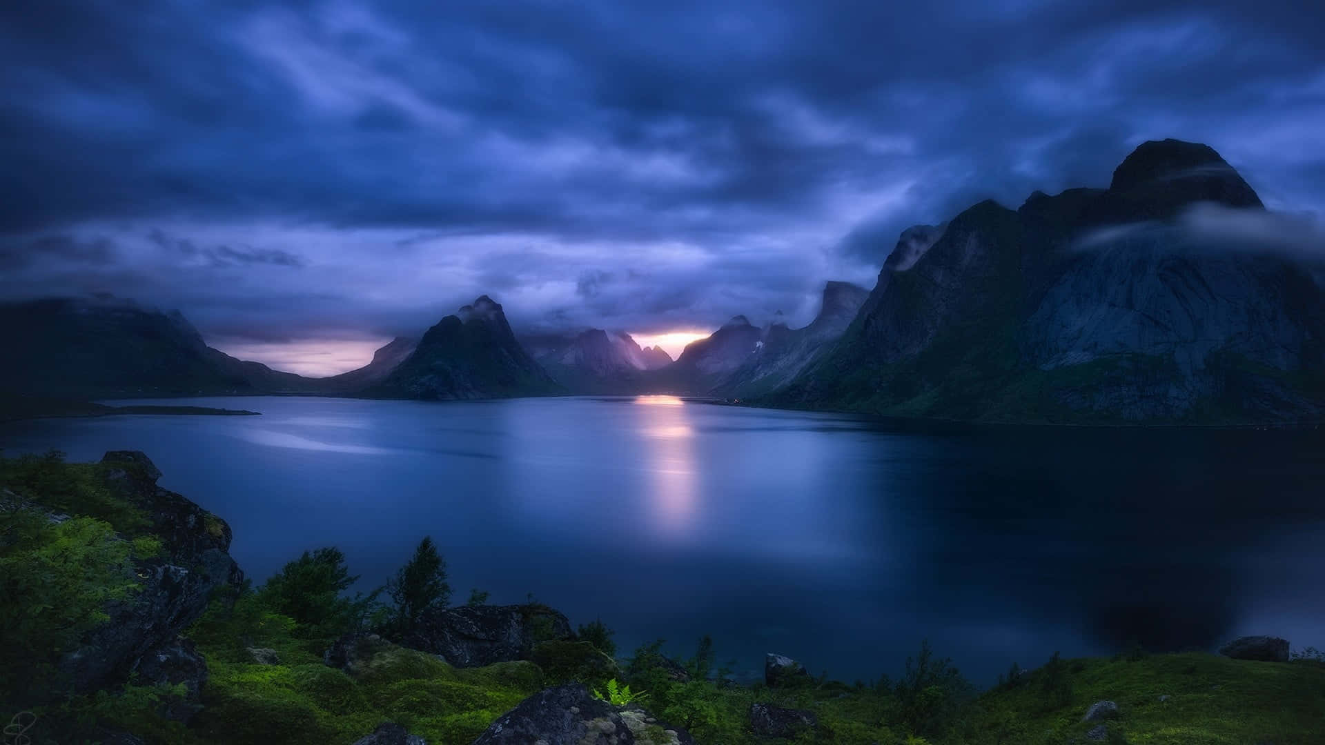 Mountain Sunset, twilight lake, glowing sunset, Full HD Desktop Wallpaper