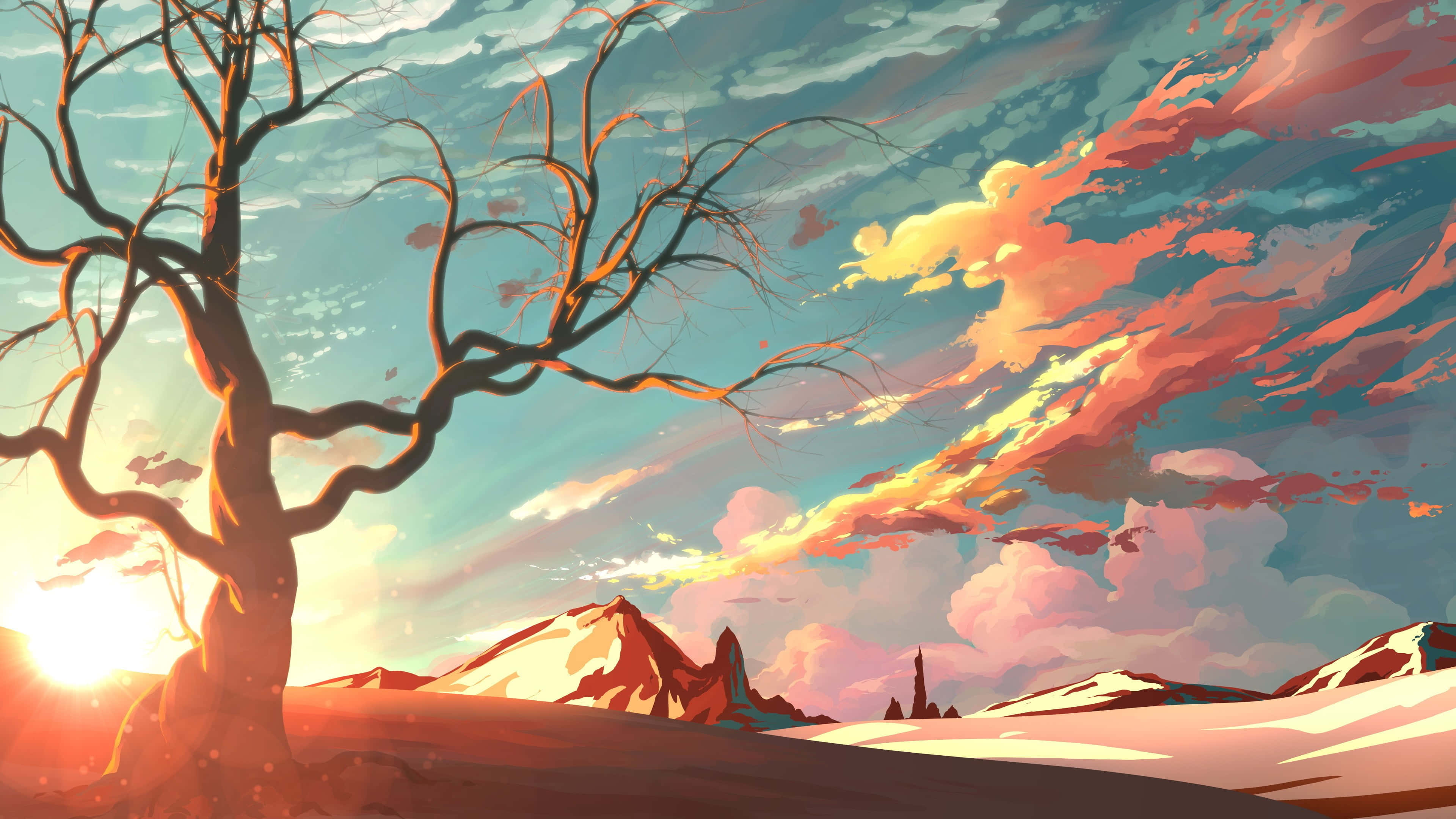 Mountain Sunset, sunset, fiery orange clouds, 4K Desktop Wallpaper