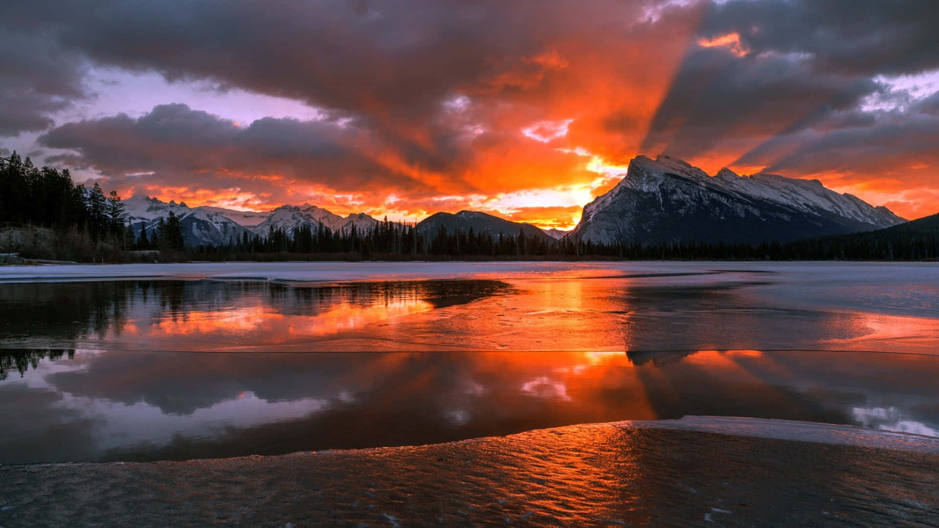Mountain Sunset, fiery sunset, frozen lake, Full HD Desktop Wallpaper