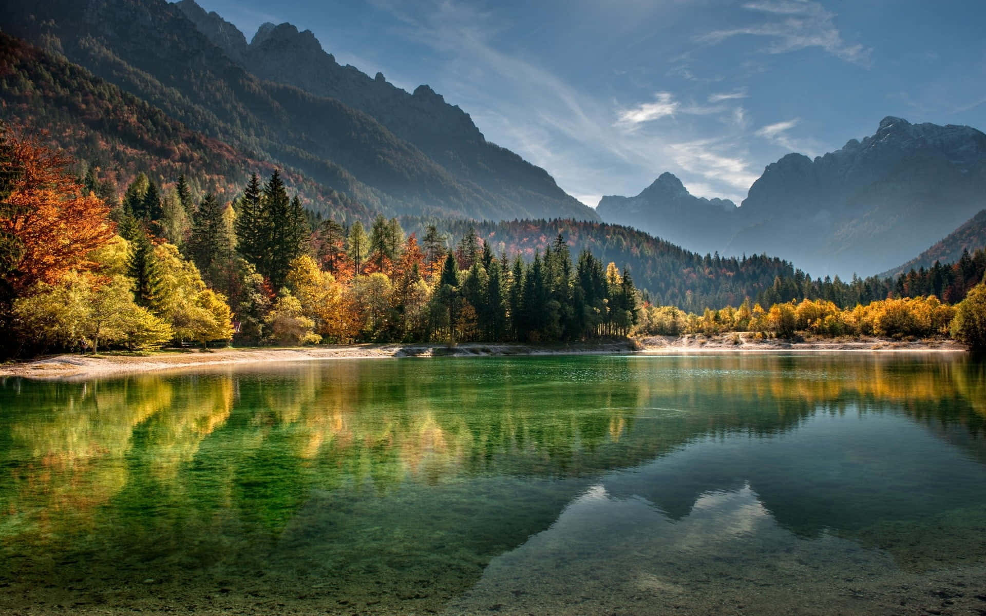Mountain Sunset, alpine lake, autumn trees, Full HD Desktop Wallpaper