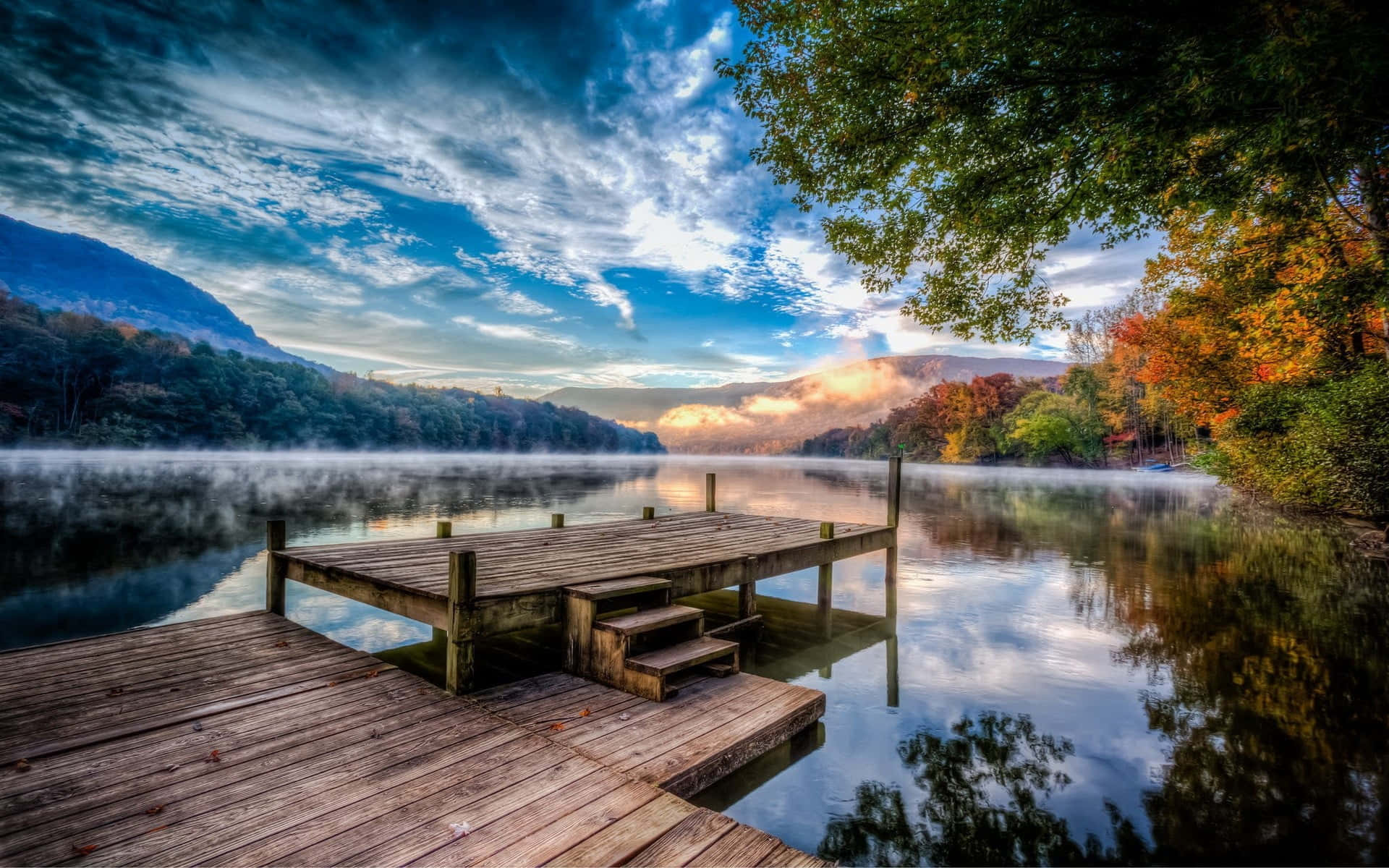 mountain sunset, dock, lake, Full HD Desktop Wallpaper