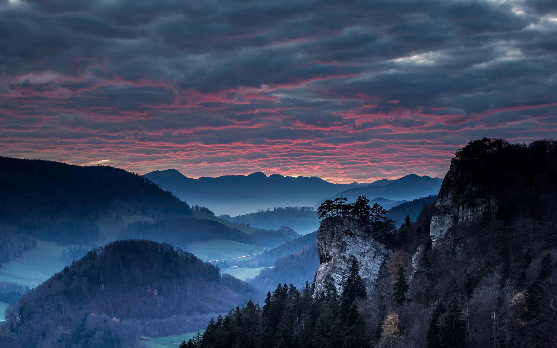 Mountain Sunset, purple and pink clouds, twilight sky, Full HD Desktop Wallpaper