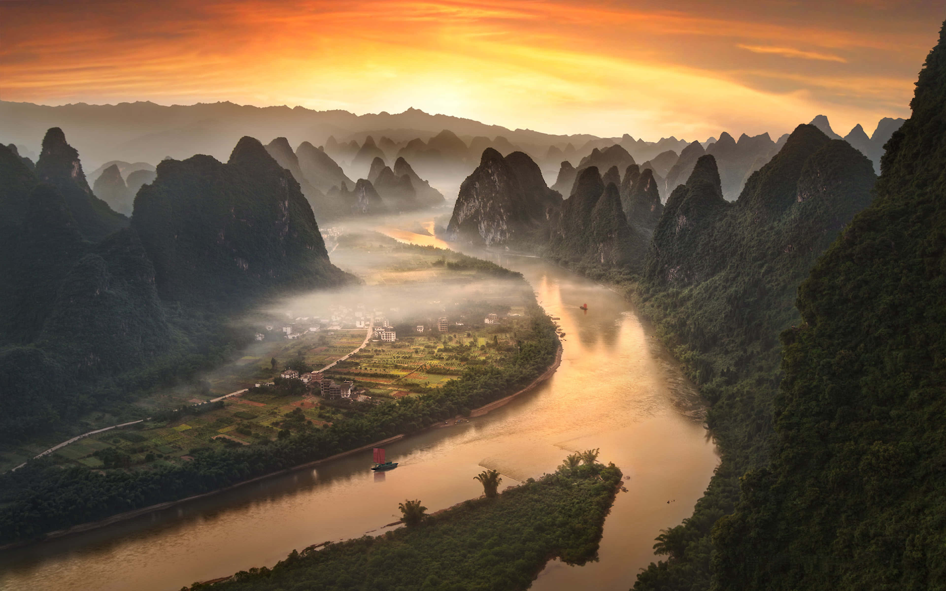 mountain sunset, winding river, misty karst mountains, 4K Desktop Wallpaper