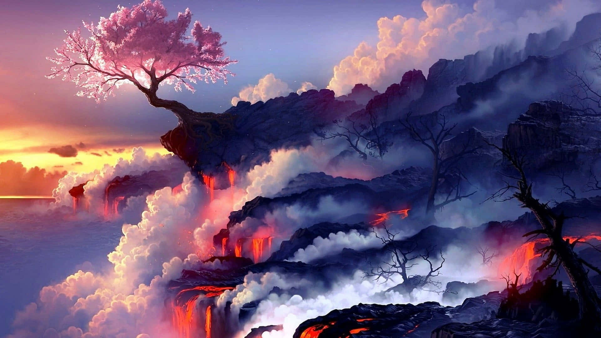 Mountain Sunset, cherry blossom tree, volcanic cliff, Full HD Desktop Wallpaper