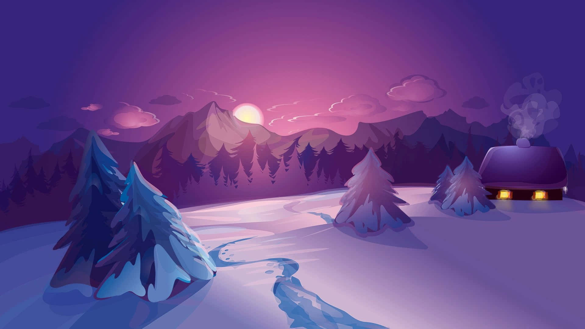 Mountain Sunset, snow-capped mountain, purple sunset, Full HD Desktop Wallpaper