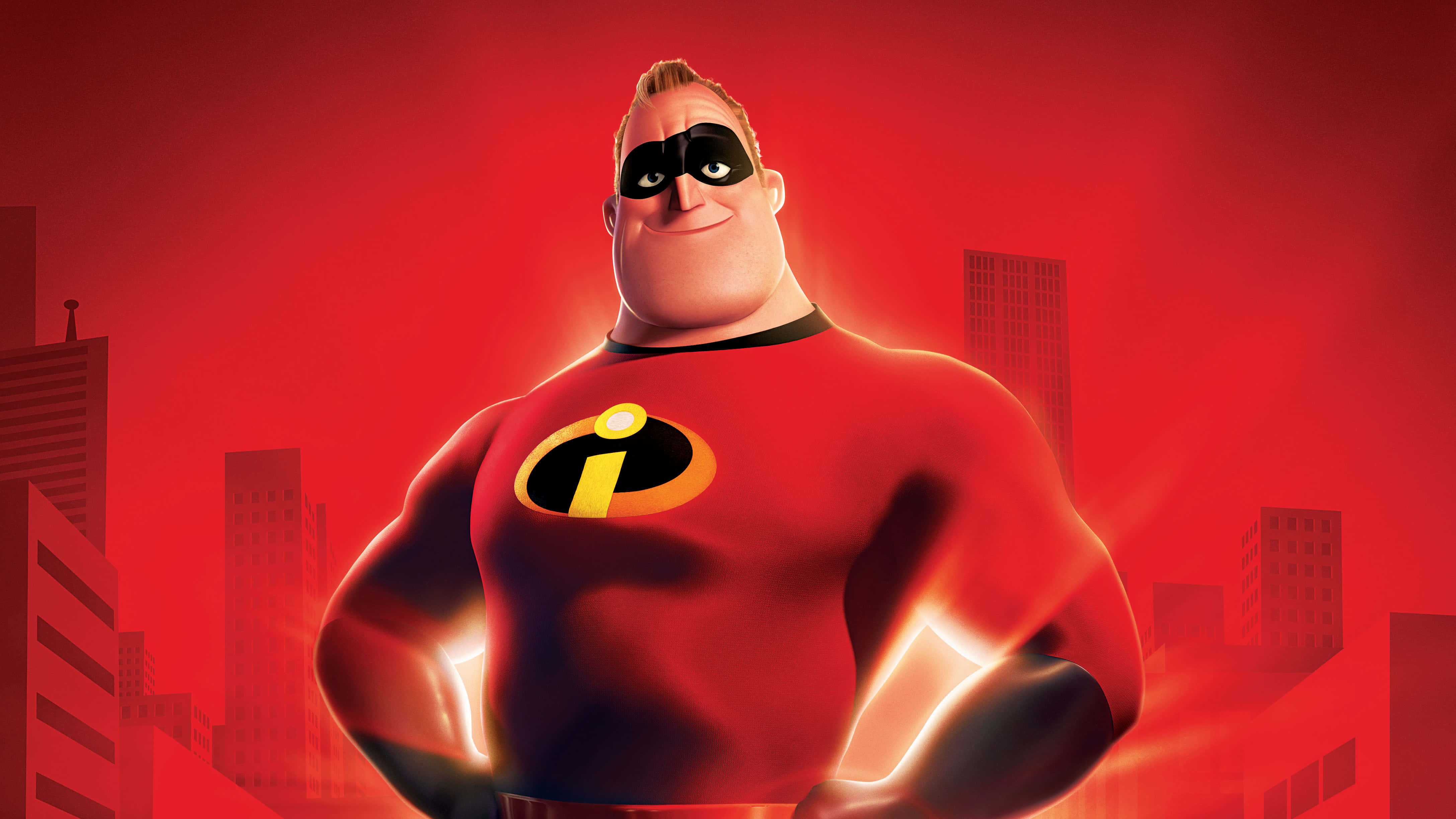 red suit, glowing arms, red city skyline, 4K Desktop Wallpaper
