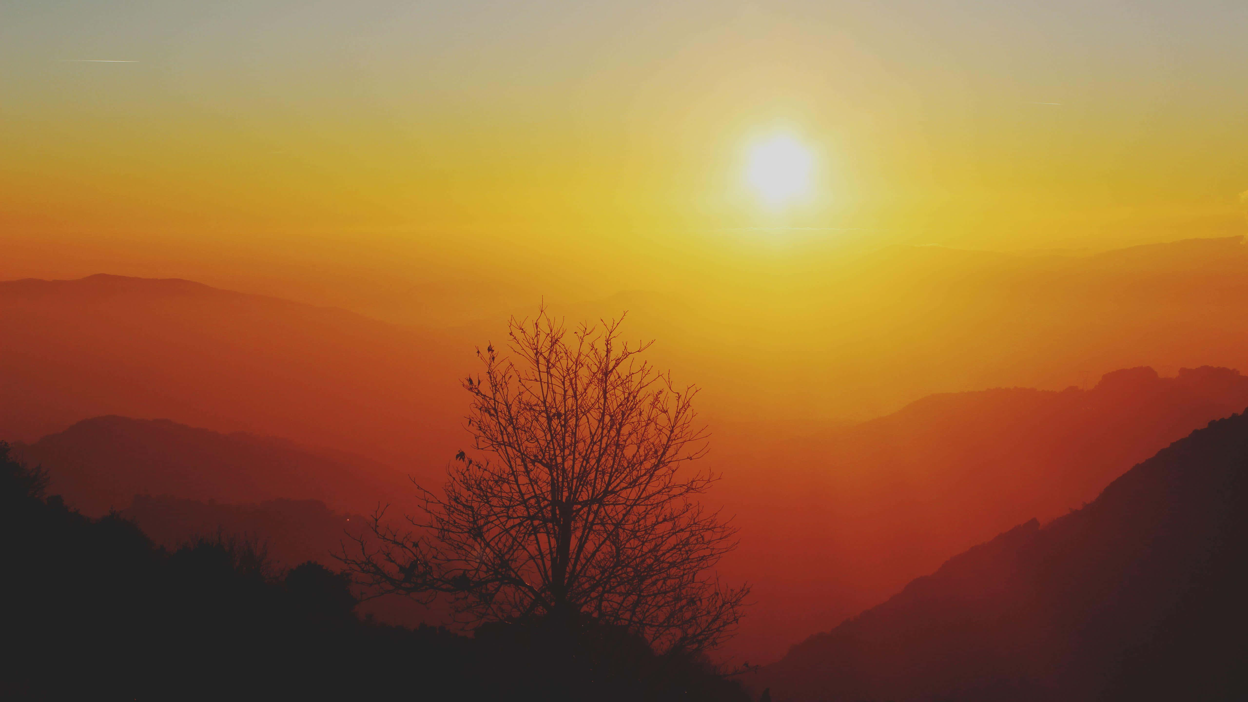 Golden Sunset, mountains, vibrant orange, 5K Desktop Wallpaper
