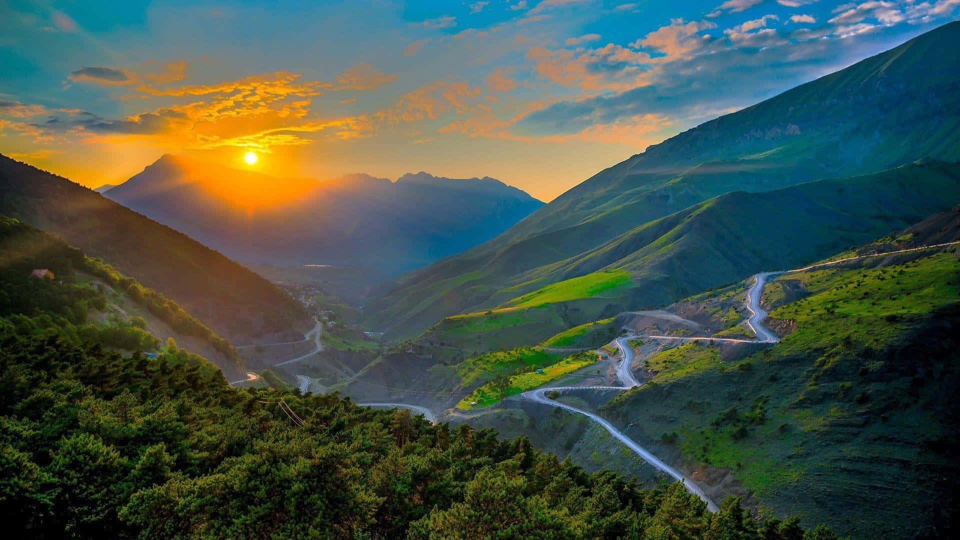 Mountain Landscape, Sunset, Winding mountain road, Full HD Desktop Wallpaper