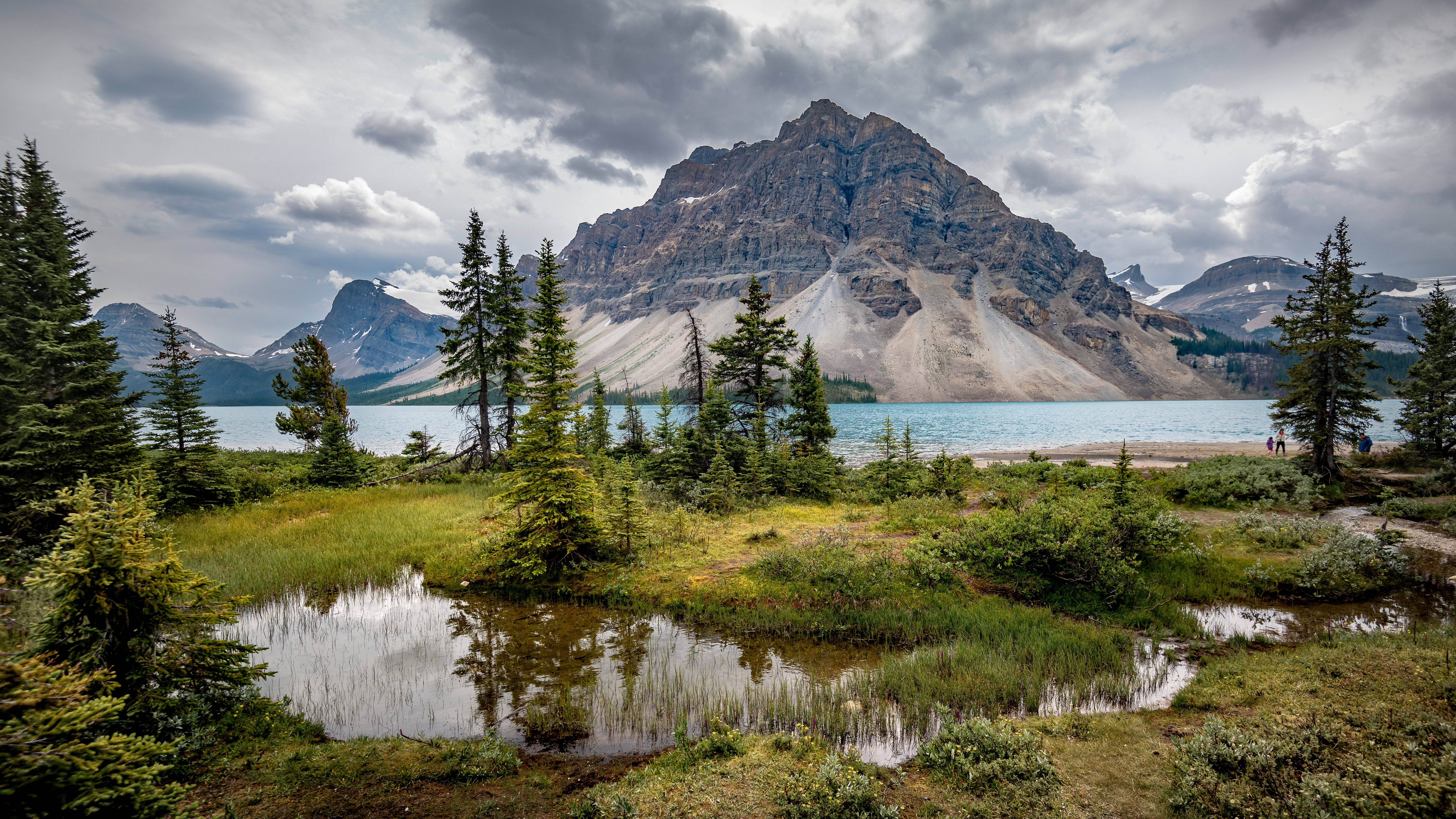 mountain peak, turquoise lake, evergreen trees, 5K Desktop Wallpaper