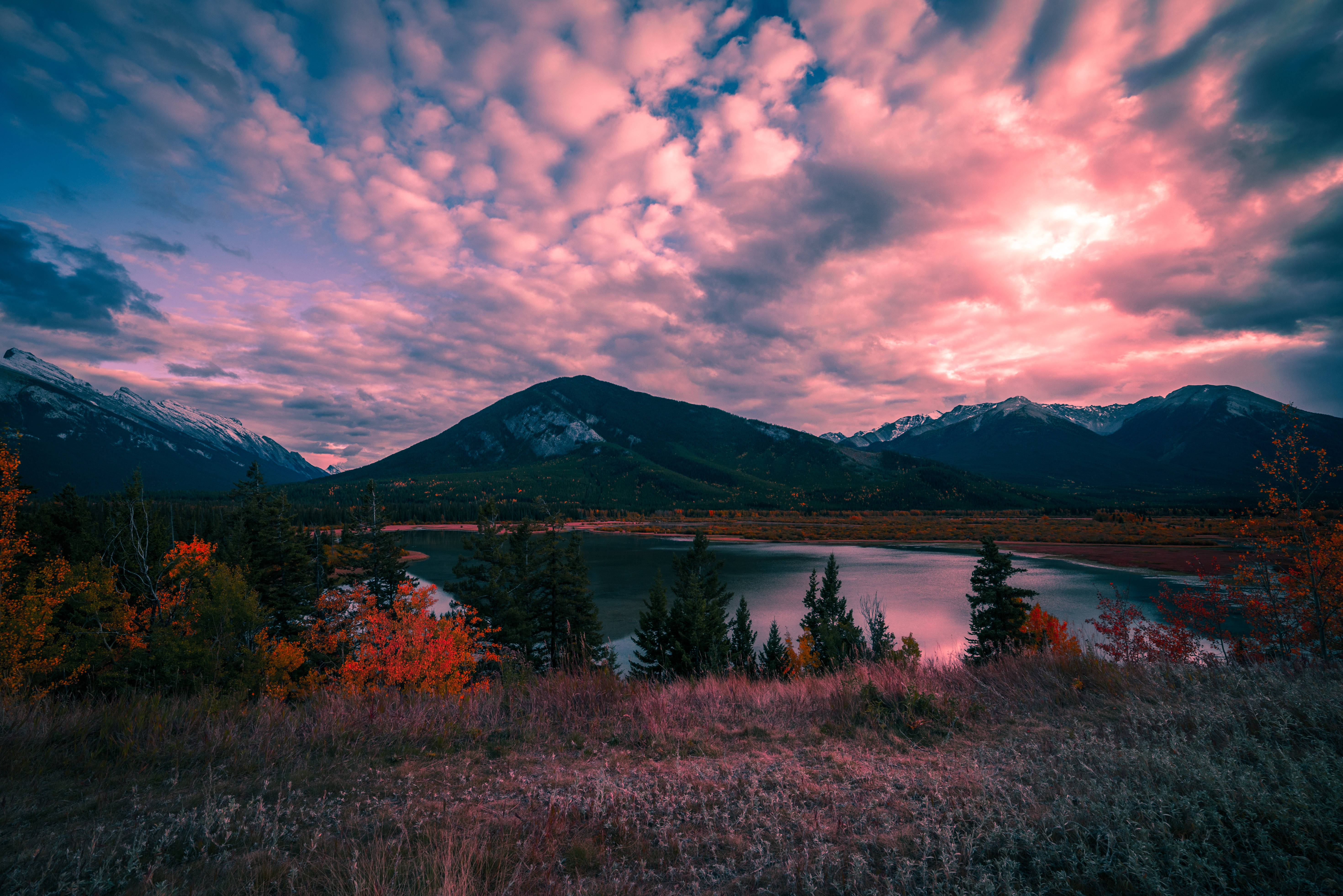 mountain sunset, pink and purple sunset, autumn trees, 5K Desktop Wallpaper