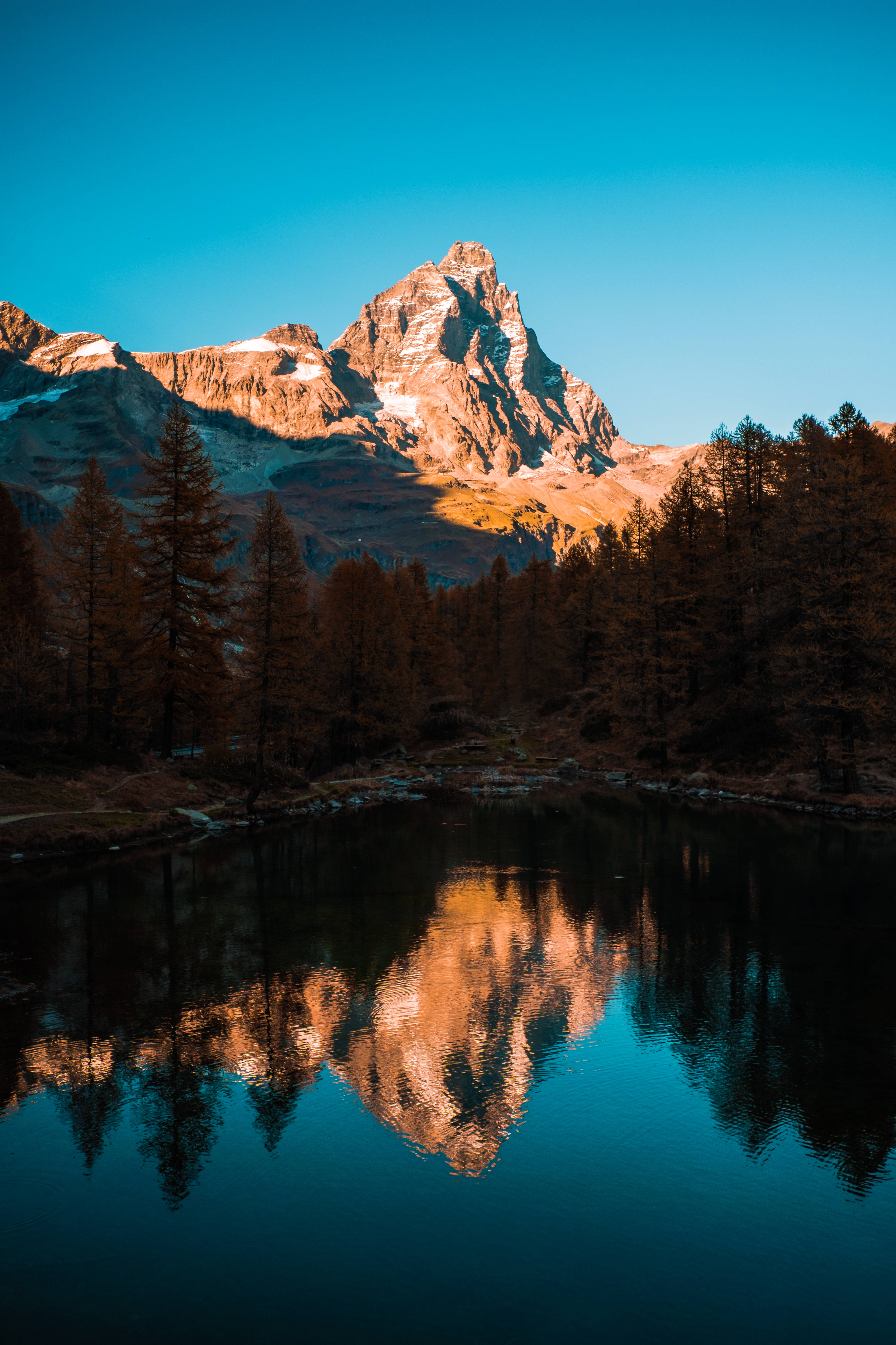 mountain, lake, golden sunset, 5K Phone Wallpaper