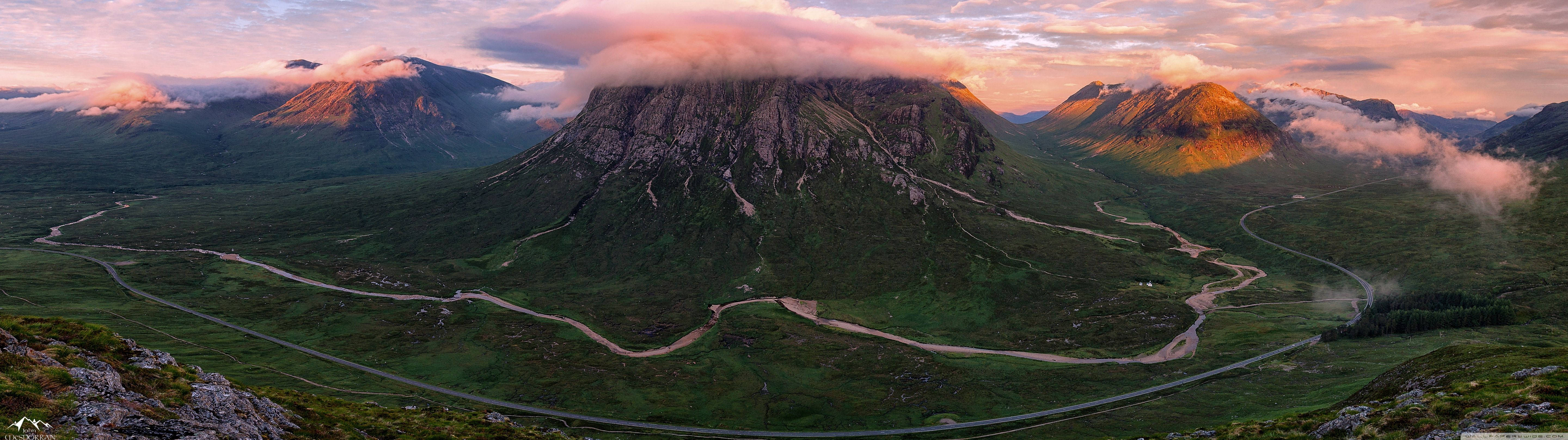 cloud-covered mountain, winding road, lush green valley, 5K Desktop Wallpaper
