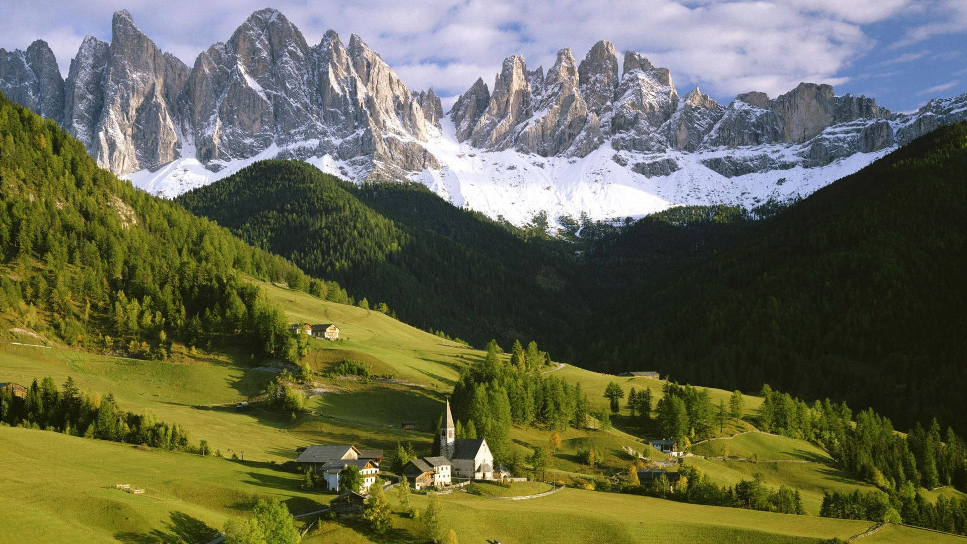 alpine village, lush green valleys, towering snow-capped peaks, Full HD Desktop Wallpaper