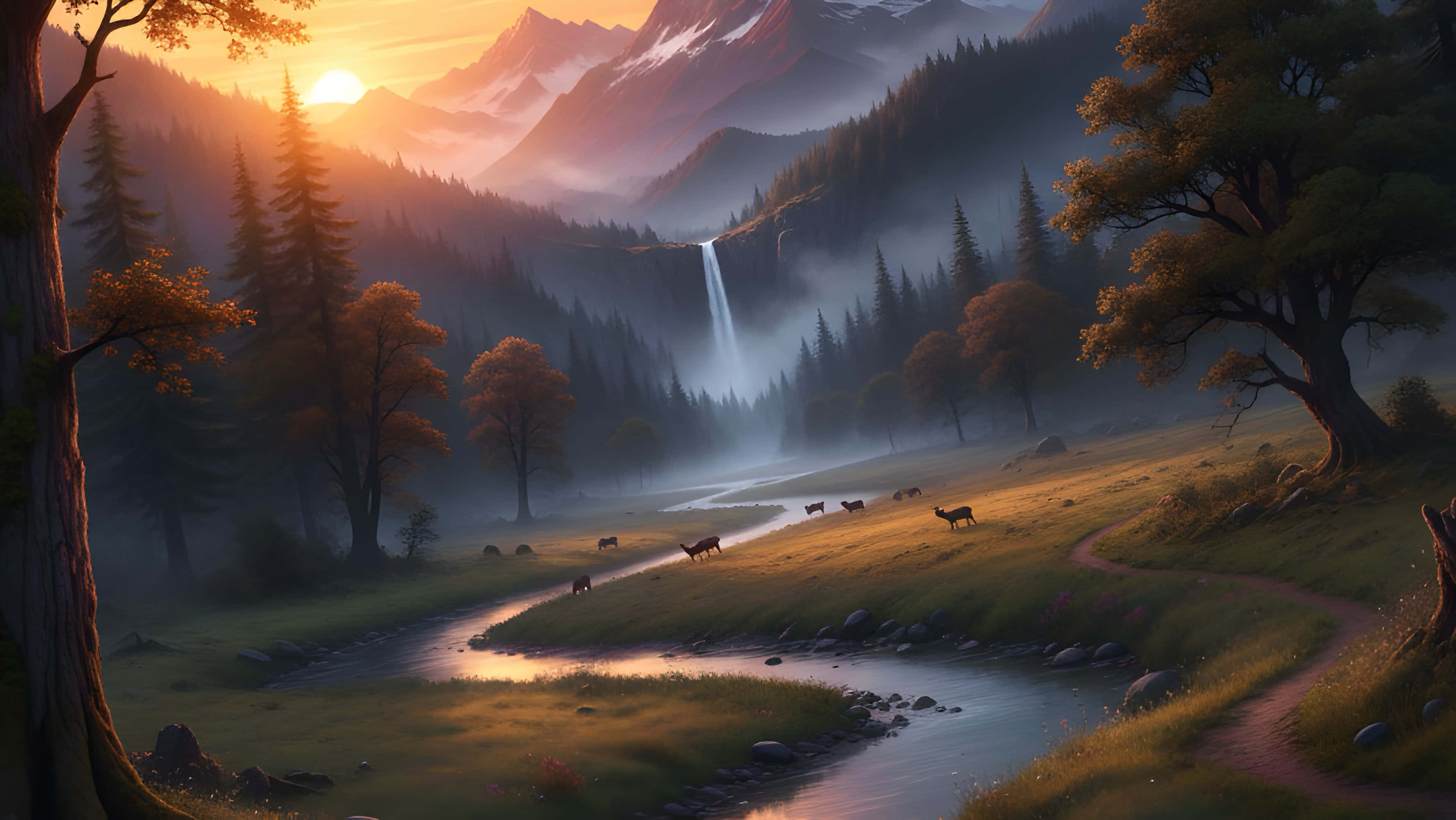 Sunset, misty valley, winding river, 2K Desktop Wallpaper