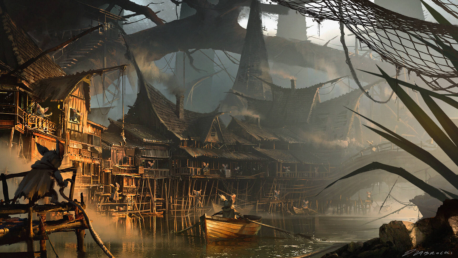 Mouse, boat, riverside village, Full HD Desktop Wallpaper
