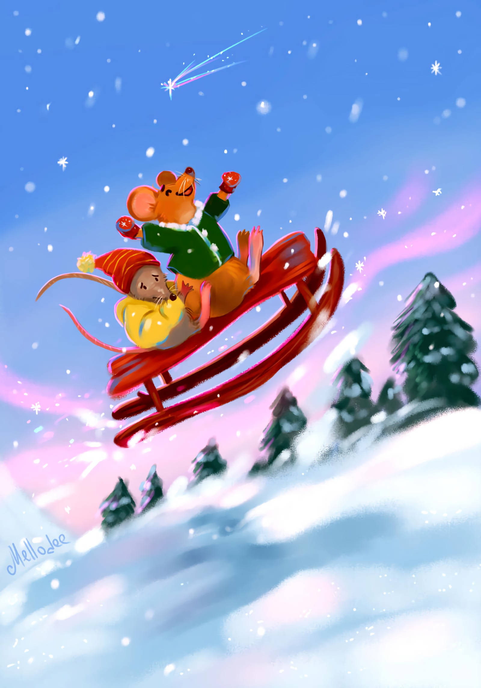 Mouse, sleigh, red sleigh, Full HD Phone Wallpaper