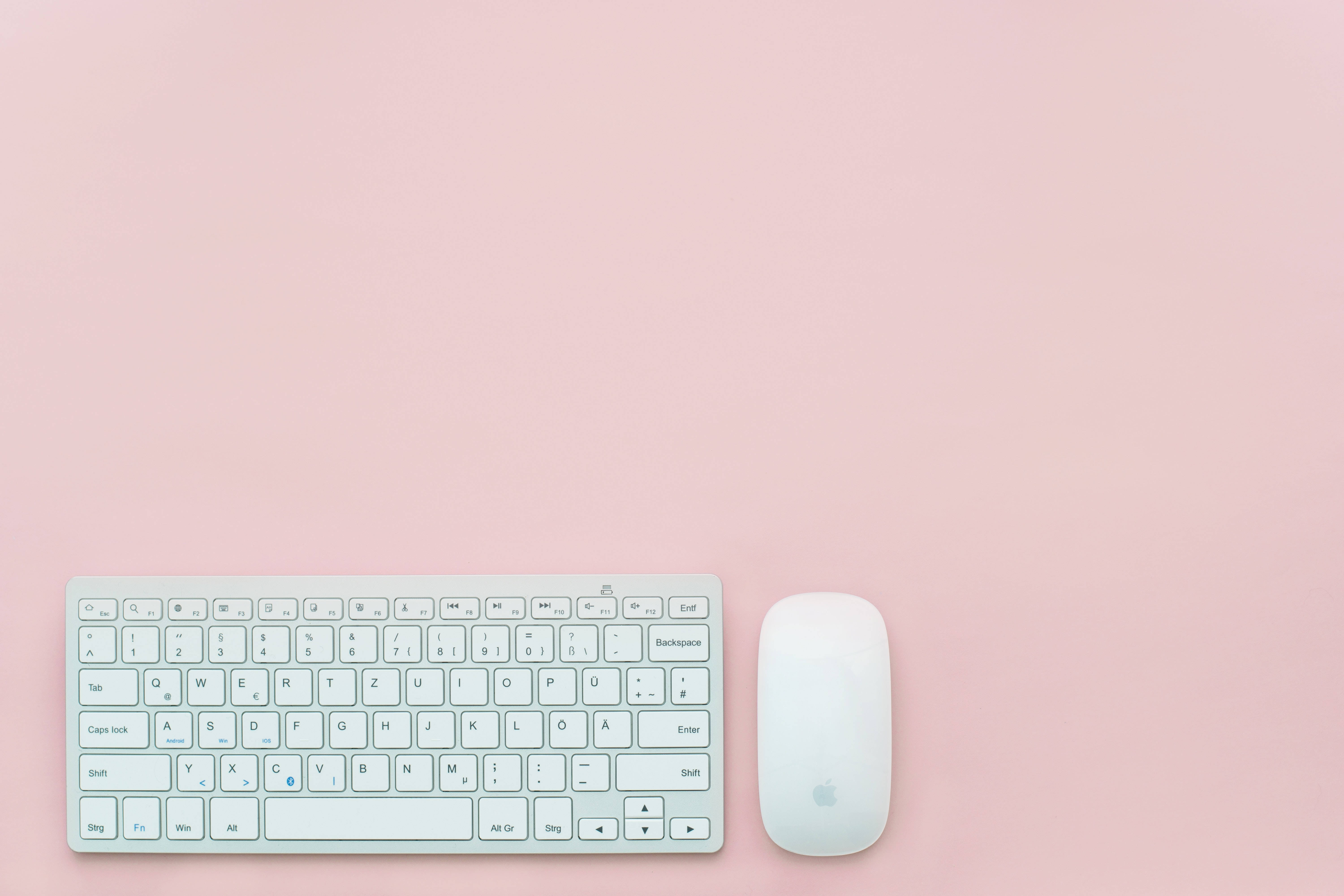 minimalist desk, pastel colors, white keyboard, 5K Desktop Wallpaper