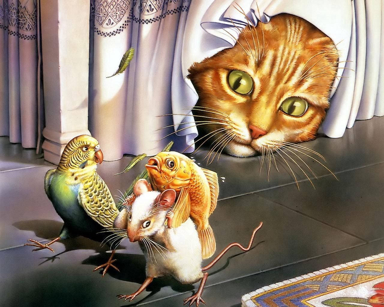 mouse, goldfish, orange cat, HD Desktop Wallpaper