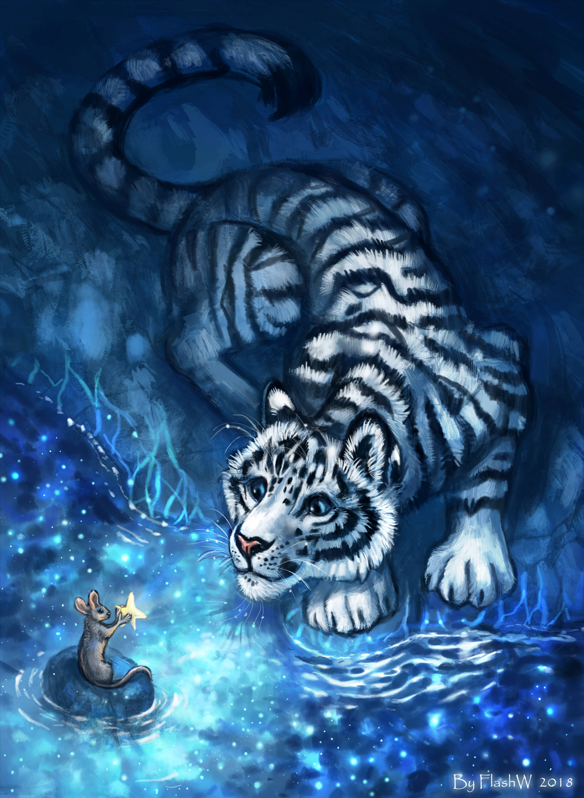 white tiger, glowing blue water, tiny mouse, 2K Phone Wallpaper