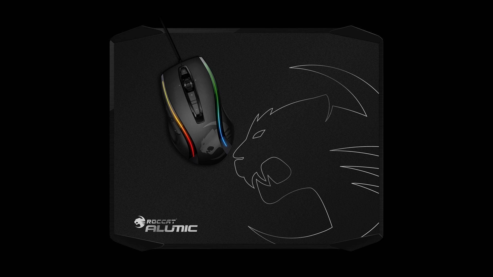 sleek black gaming mouse, rainbow RGB lighting, matching mousepad, Full HD Desktop Wallpaper